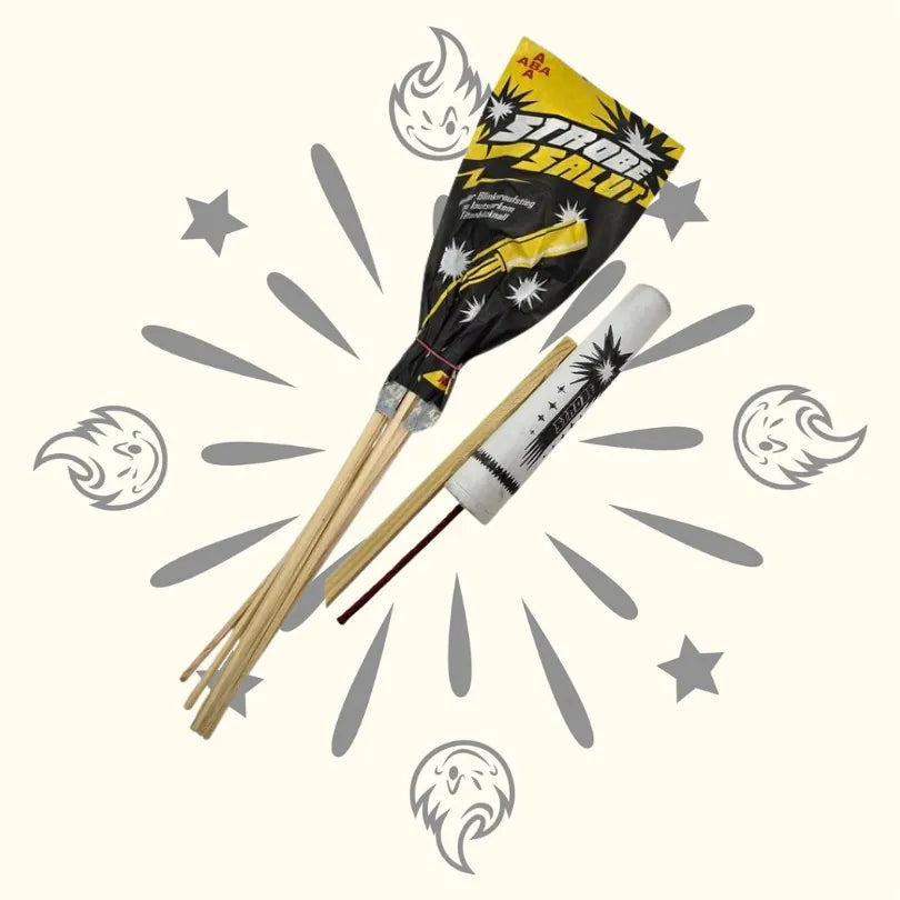 Ein 10er-Pack von Startrade ABA Strobe Salut Feuerwerkskörpern wird auf einem hellen Hintergrund dargestellt, umgeben von Starburst- und Flammengrafiken.