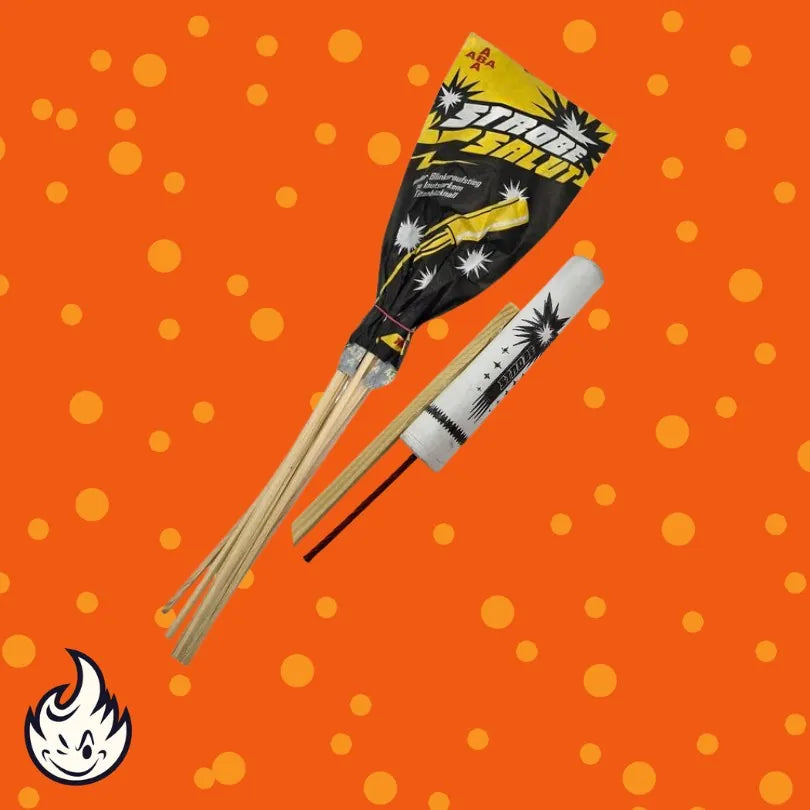 Eine Packung Startrade ABA Strobe Salut 10er ist auf einem orangefarbenen Hintergrund mit gelben Punkten abgebildet, mit einem weißen Flammenlogo in der unteren linken Ecke.