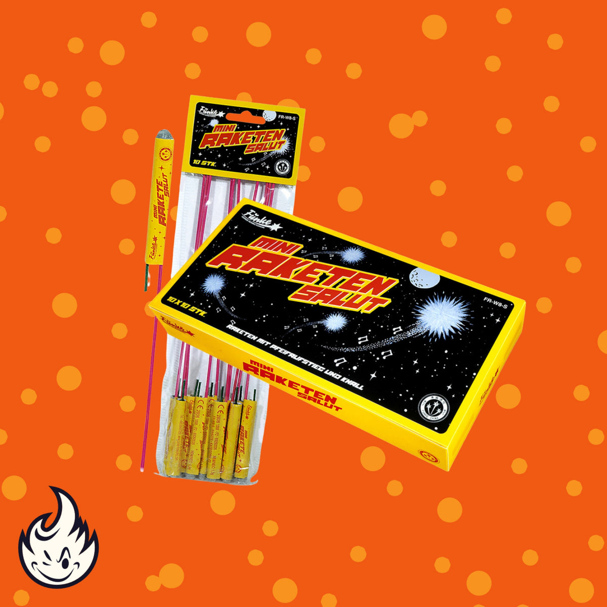 Eine Schachtel und eine Packung Funke Mini Raketen Salut 10er Pack Feuerwerkskörper von Funke werden auf einem orangefarbenen gepunkteten Hintergrund mit einem weißen Flammenlogo in der unteren linken Ecke angezeigt.