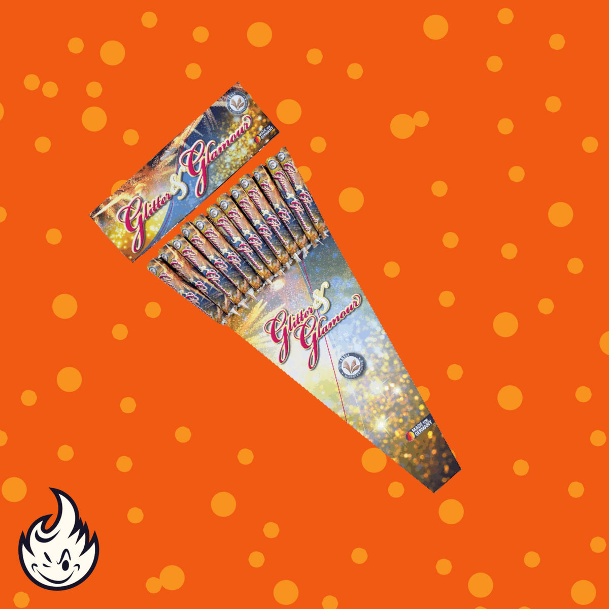 Eine farbenfrohe Packung Lesli Glitter And Glamour Raketen 12er Pack Feuerwerkskörper von Lesli ist vor einem orangefarbenen Hintergrund mit gelben Punkten abgebildet. Unten links ist ein kleines Flammenlogo zu sehen, das die glitzernde, festliche Atmosphäre verstärkt.