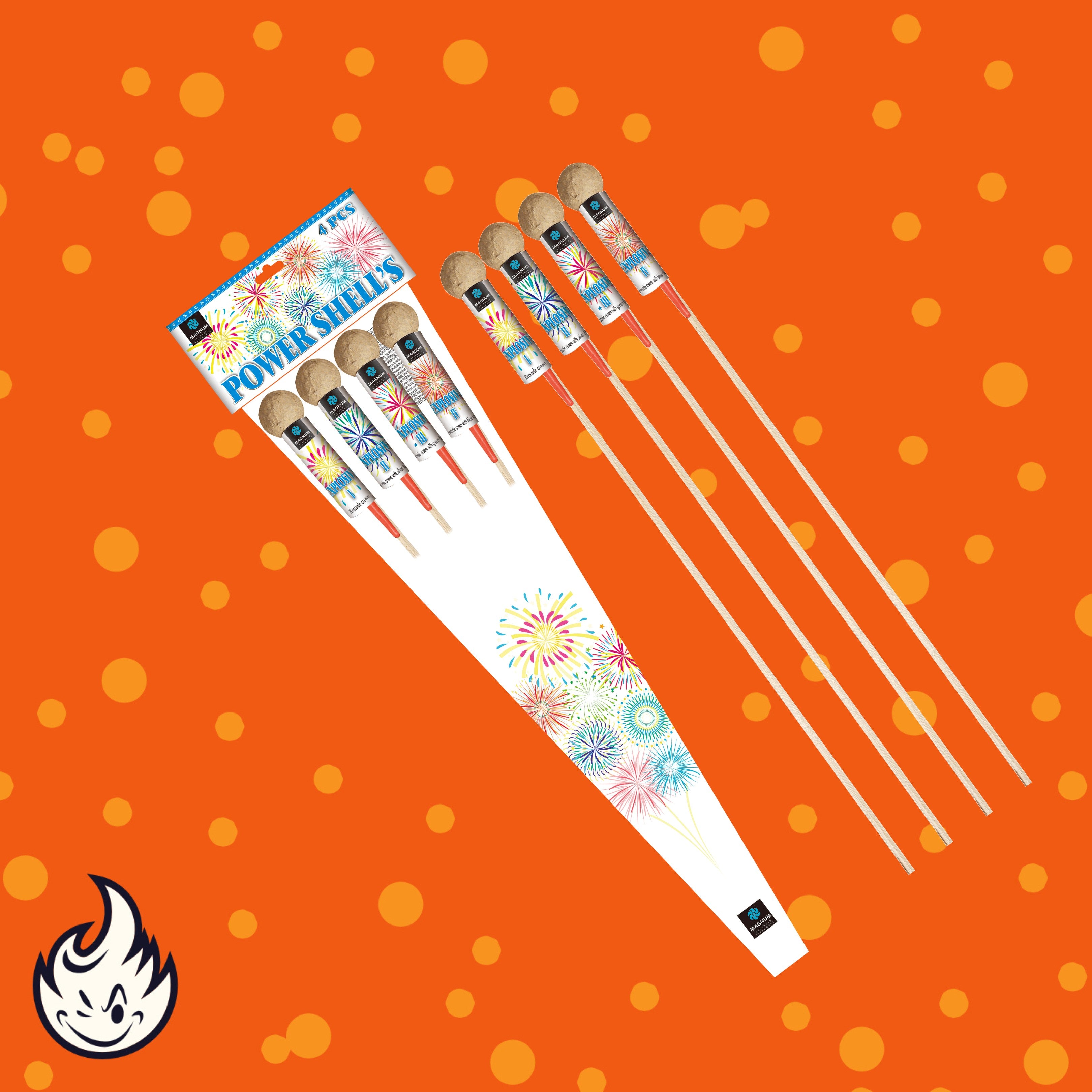 Vier Magnum Power Shell Rockets 1,5" (Kugelraketen) der Marke Magnum mit farbenfrohen Designs sind auf einem orangefarbenen Hintergrund mit gelben Punkten abgebildet. In der unteren linken Ecke erscheint ein weißes Flammenlogo.