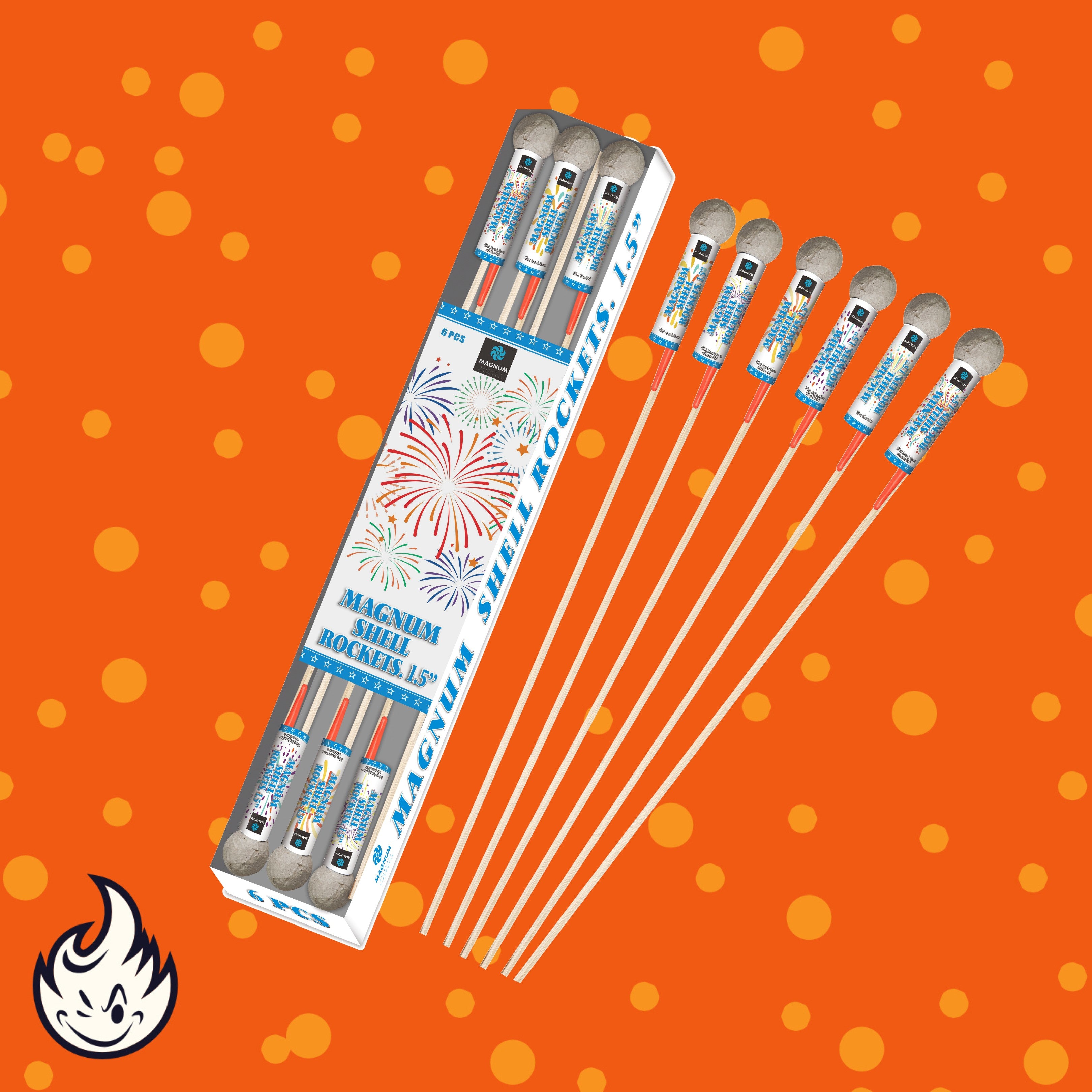 Abgebildet ist ein 6er-Pack Magnum Shell Rockets 1,5“ Kugelraketen von Magnum, mit einer Rakete außerhalb der Schachtel und fünf daneben. Der orangefarbene Hintergrund ist mit Punkten und einem kleinen Flammensymbol in der Ecke versehen.
