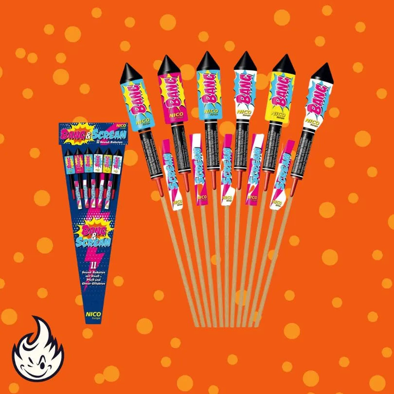 Sechs Nico Bang & Scream Feuerwerkskörper der Marke Nico stehen aufrecht mit einer Packung auf einem orangefarbenen Hintergrund mit gelben Tupfen. Das weiße Flammenlogo erscheint in der unteren linken Ecke.