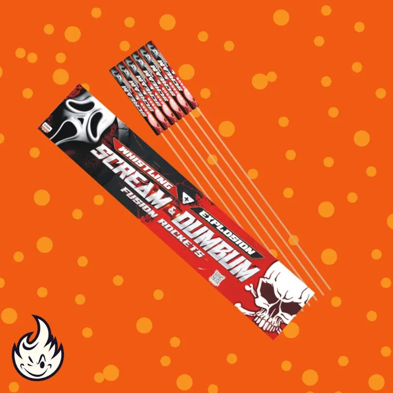 Ein Fünferpack Scream/Dumbum Rockets von Scream mit einer Totenkopf-Verpackung auf orangem Hintergrund mit gelben Punkten und einem weißen Flammenlogo in der Ecke.
