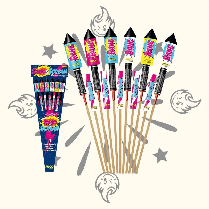 Das Nico Bang & Scream Raketenfeuerwerk von Nico ist fächerförmig angeordnet, wobei die Verpackung auf der linken Seite zu sehen ist. Die Szene zeigt graue Flammen und Sterne im Hintergrund.