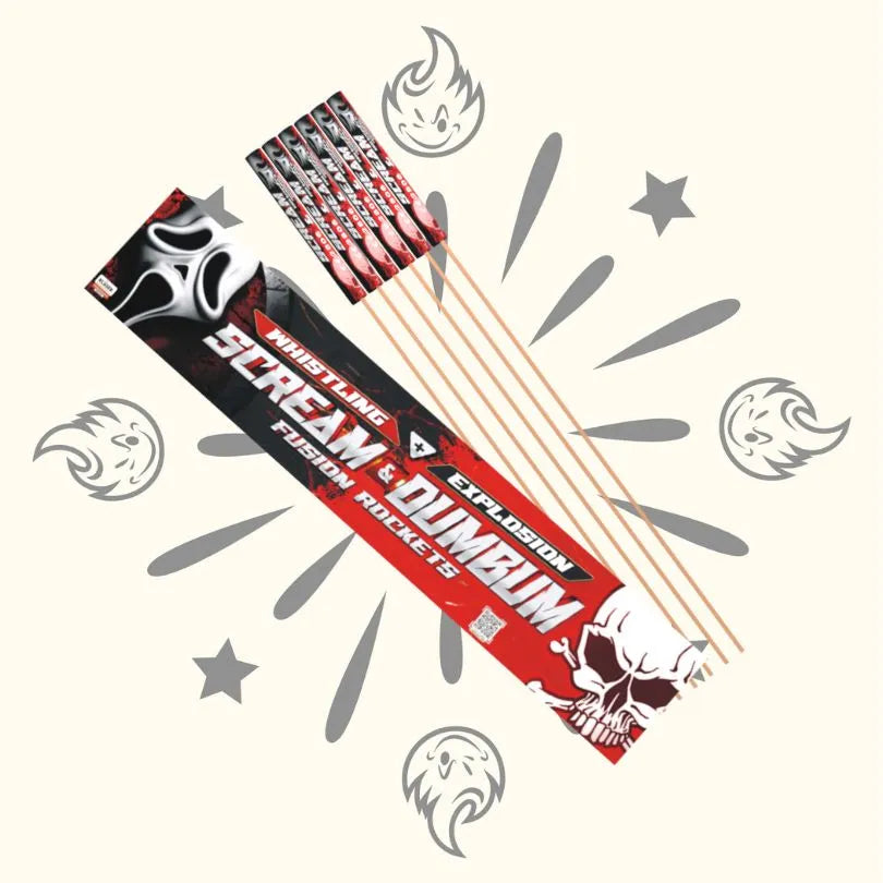 Eine Packung Scream/Dumbum Rockets von Scream mit einem rot-schwarzen Design mit weißer Totenkopfgrafik und fünf Feuerwerkskörpern auf einem cremefarbenen Hintergrund mit Stern- und Flammenillustrationen.