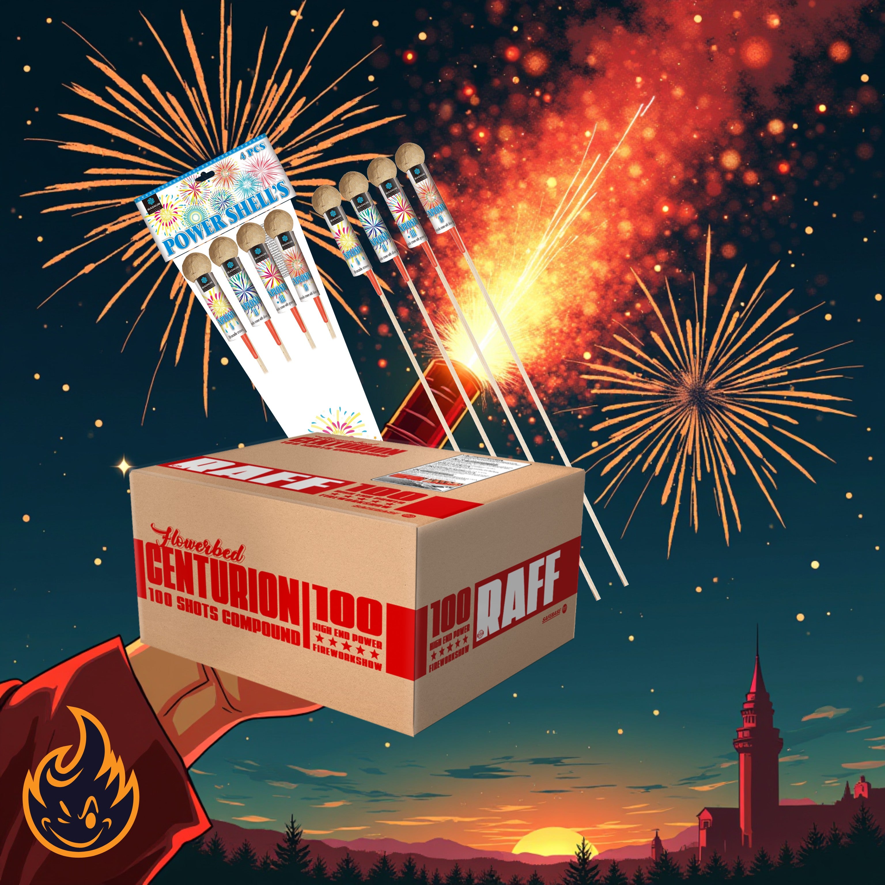 Eine Hand hält eine Schachtel FEUERWERK OUTLET #MONATSSPECIAL 🗓️ Centurion 100sh + Power Shells 4er Kugelraketen, während buntes Feuerwerk über der Skyline einer Stadt mit einem hohen Turm explodiert.