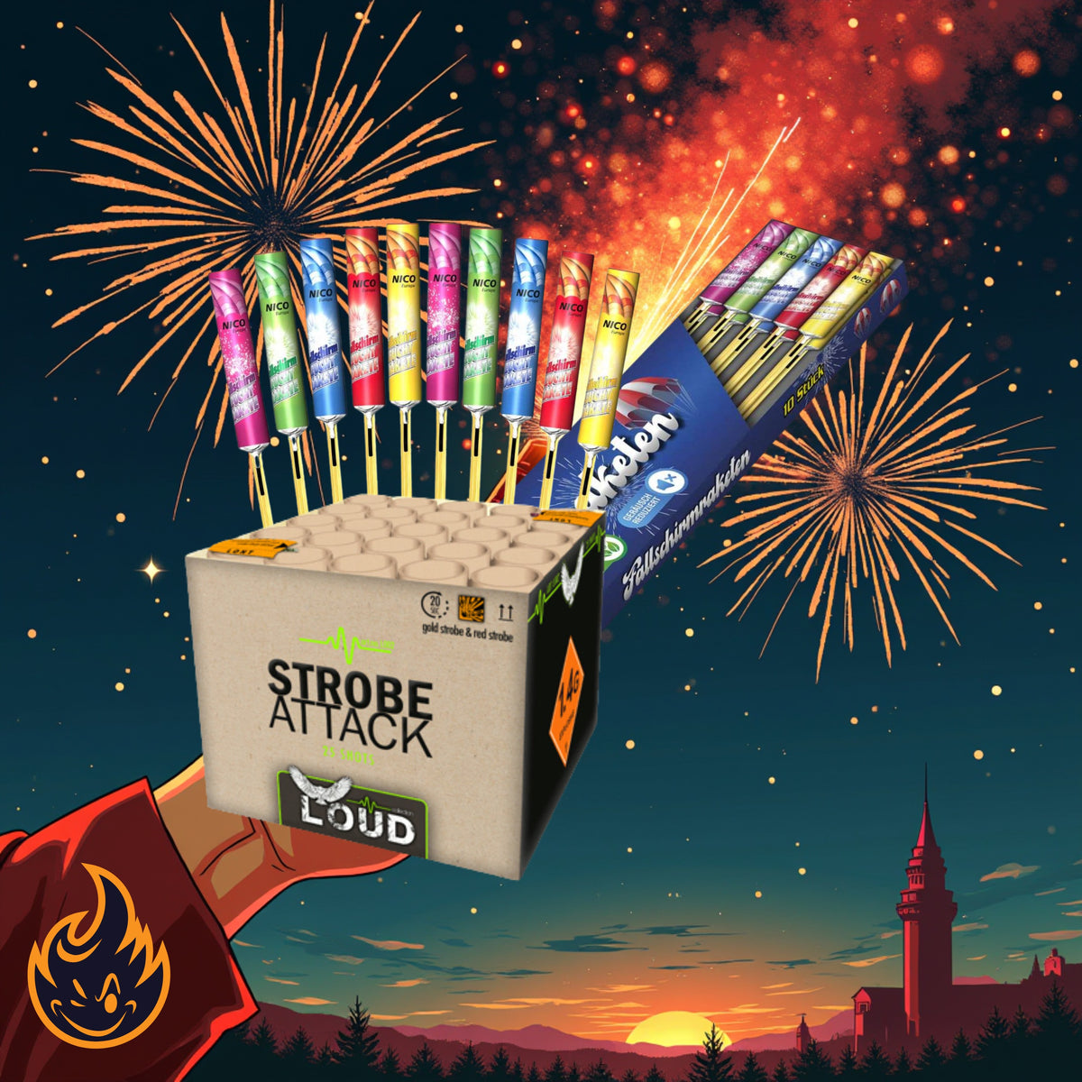 Eine Illustration im Cartoon-Stil zeigt eine Hand, die eine Schachtel mit der Aufschrift „#MONATSSPECIAL 🗓️ Strobe Attack + Fallschirmraketen 10er“ von FEUERWERK OUTLET hält, mit bunten Raketen, Feuerwerk am Nachthimmel und der Silhouette einer Stadtsilhouette.