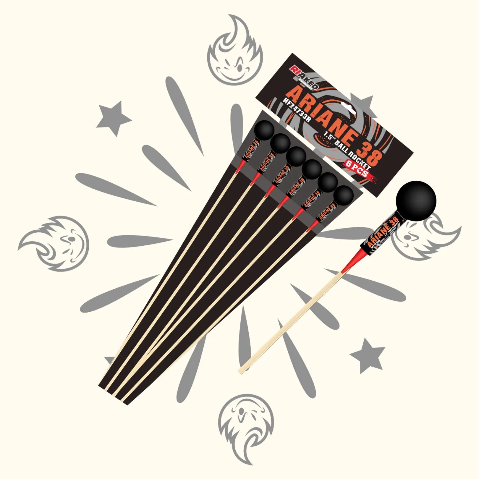 Sechs schwarze und rote RIAkeo Ariane 38 Feuerwerksraketen sind fächerförmig über einem hellen Hintergrund mit Stern- und Flammengrafiken angeordnet.