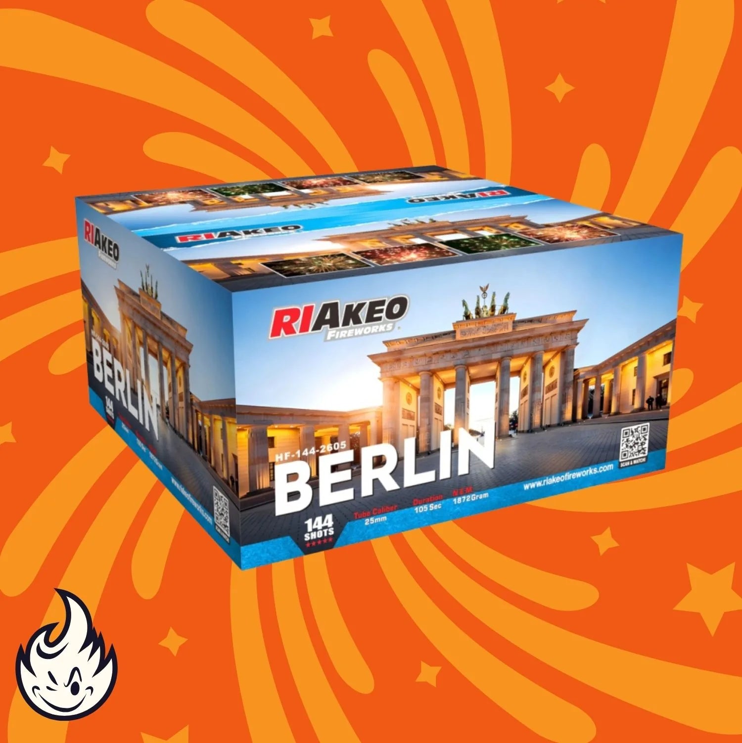 Eine blaue RIAkeo Berlin-Feuerwerksdose zeigt Bilder des Brandenburger Tors und bunte Muster vor einem orangefarbenen Hintergrund mit wirbelnden Mustern und einem kleinen Flammensymbol in der Ecke.