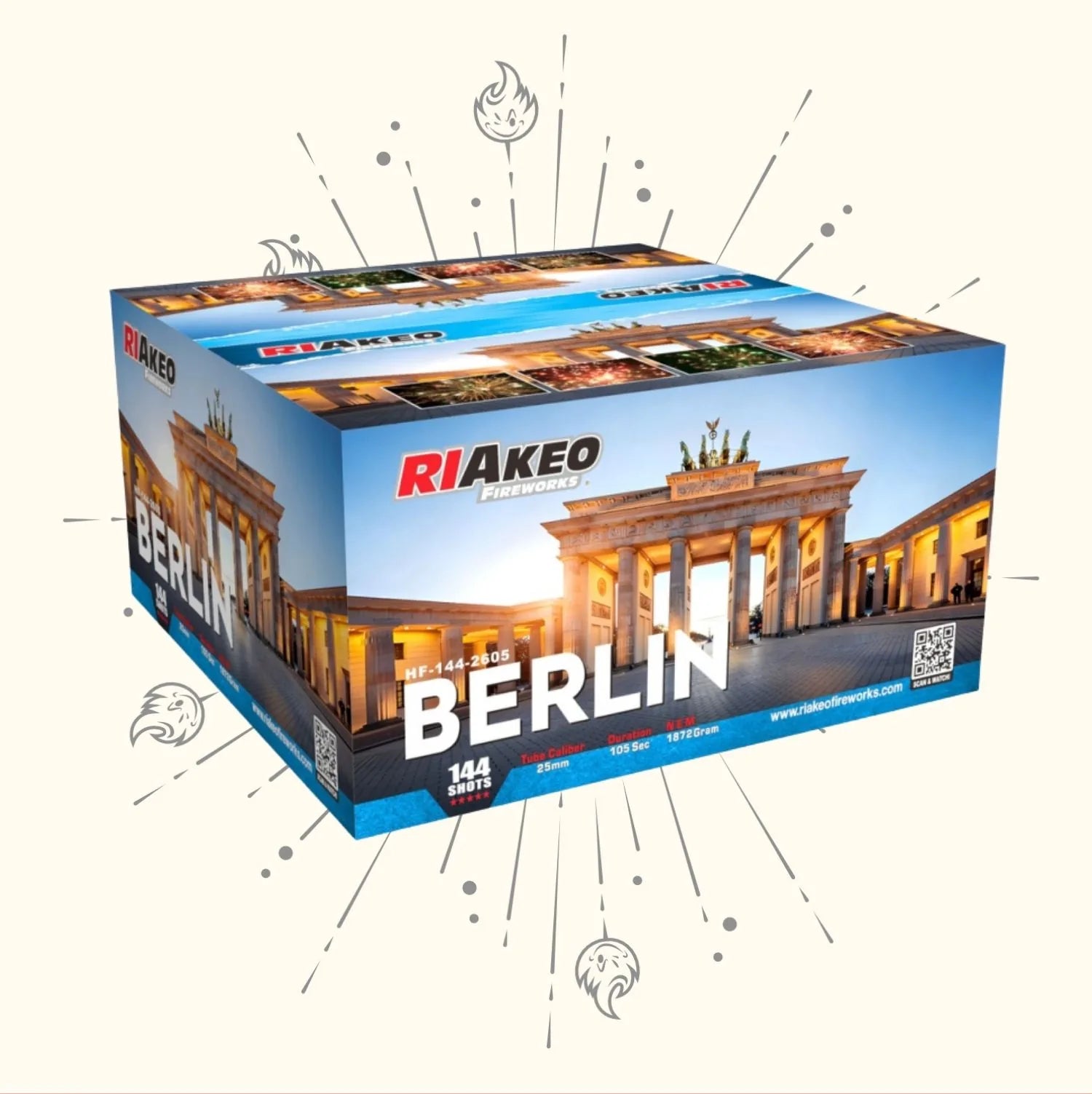 Eine Schachtel von RIAkeo Berlin von RIAkeo, die das Brandenburger Tor zeigt, mit Feuerwerkssymbolen und Strahlen, die von der Verpackung vor einem hellen Hintergrund ausgehen.