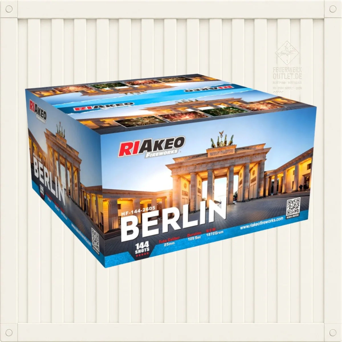 Eine blaue Schachtel mit dem Produktnamen „Riakeo Berlin“ und dem Markenlogo RIAkeo, verziert mit einem Bild des Brandenburger Tors und Feuerwerksmotiven, ist vor einem weißen Hintergrund zusammen mit den Produktdetails abgebildet.