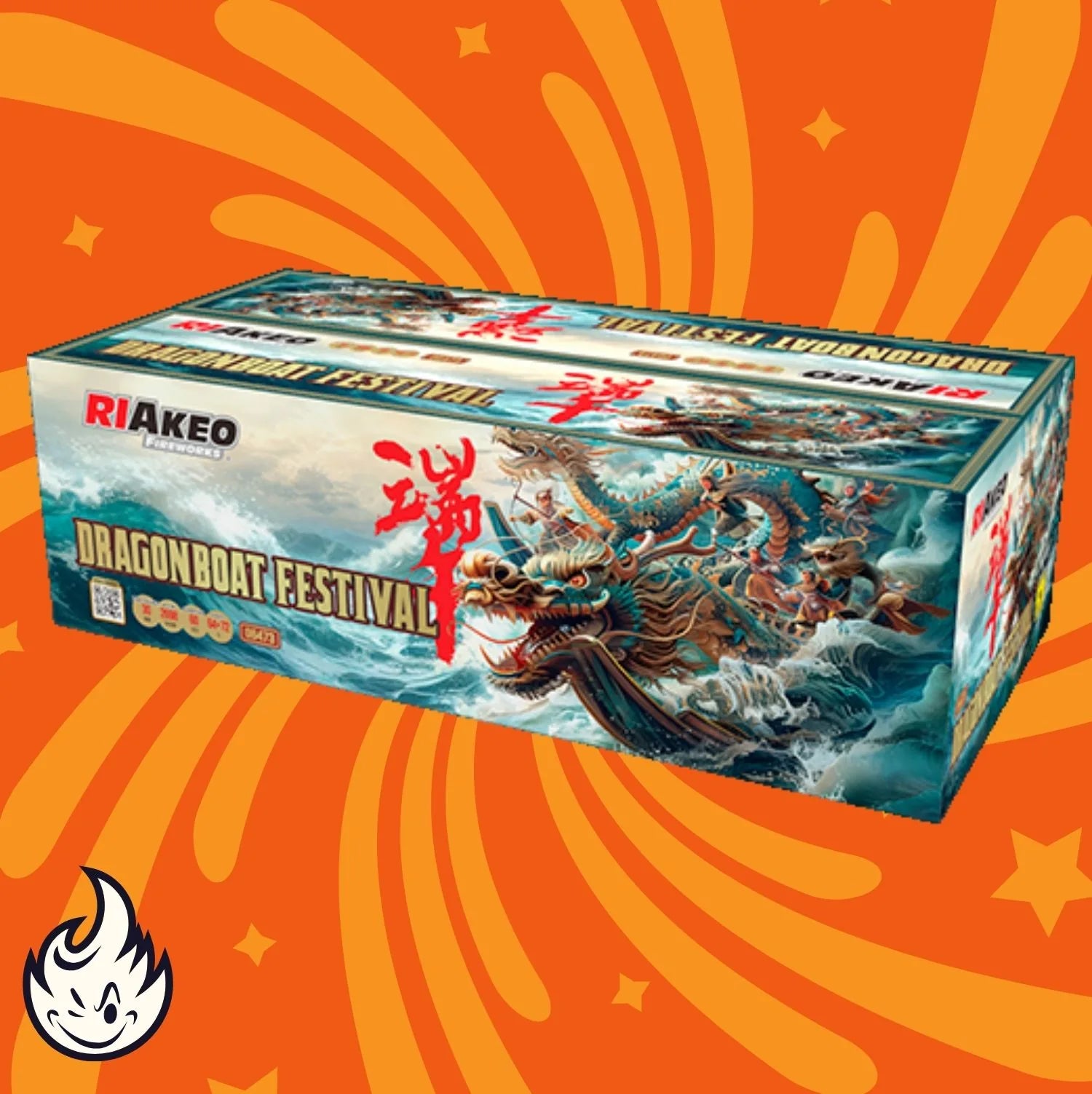 Die Riakeo Dragonboat Festival Feuerwerksdose von RIAkeo zeigt einen wilden Drachen auf dem Wasser, vor einem orangefarbenen Hintergrund mit wirbelnden gelben Mustern und einem kleinen Flammenlogo in der Ecke.