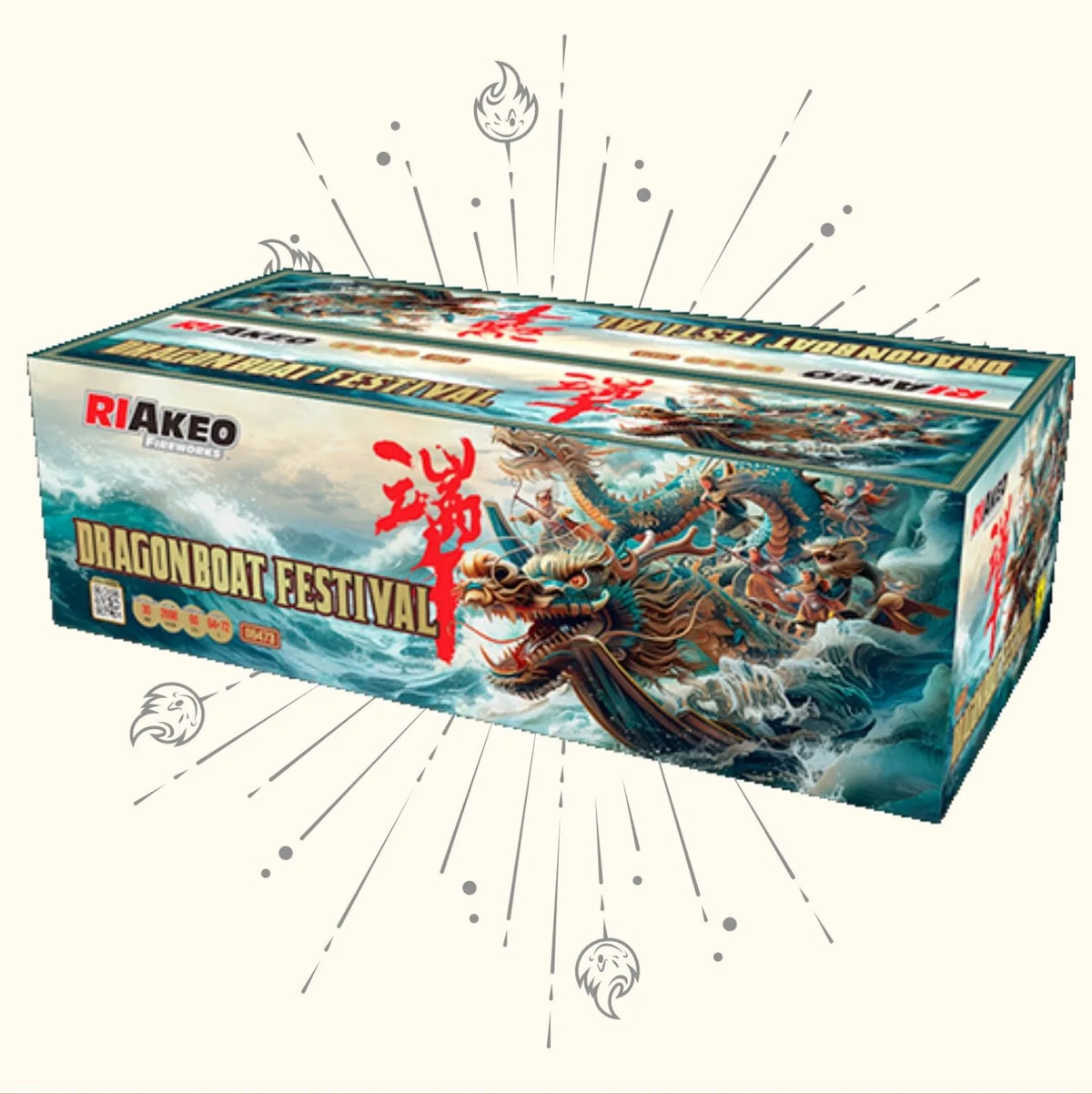 Die rechteckige Schachtel mit der Aufschrift "Riakeo Dragonboat Festival" und "RIAkeo" zeigt ein lebhaftes Drachenbootmotiv, bunte Drachen, Wellen und chinesische Schriftzeichen auf einem beigen Hintergrund mit strahlenden Linien.