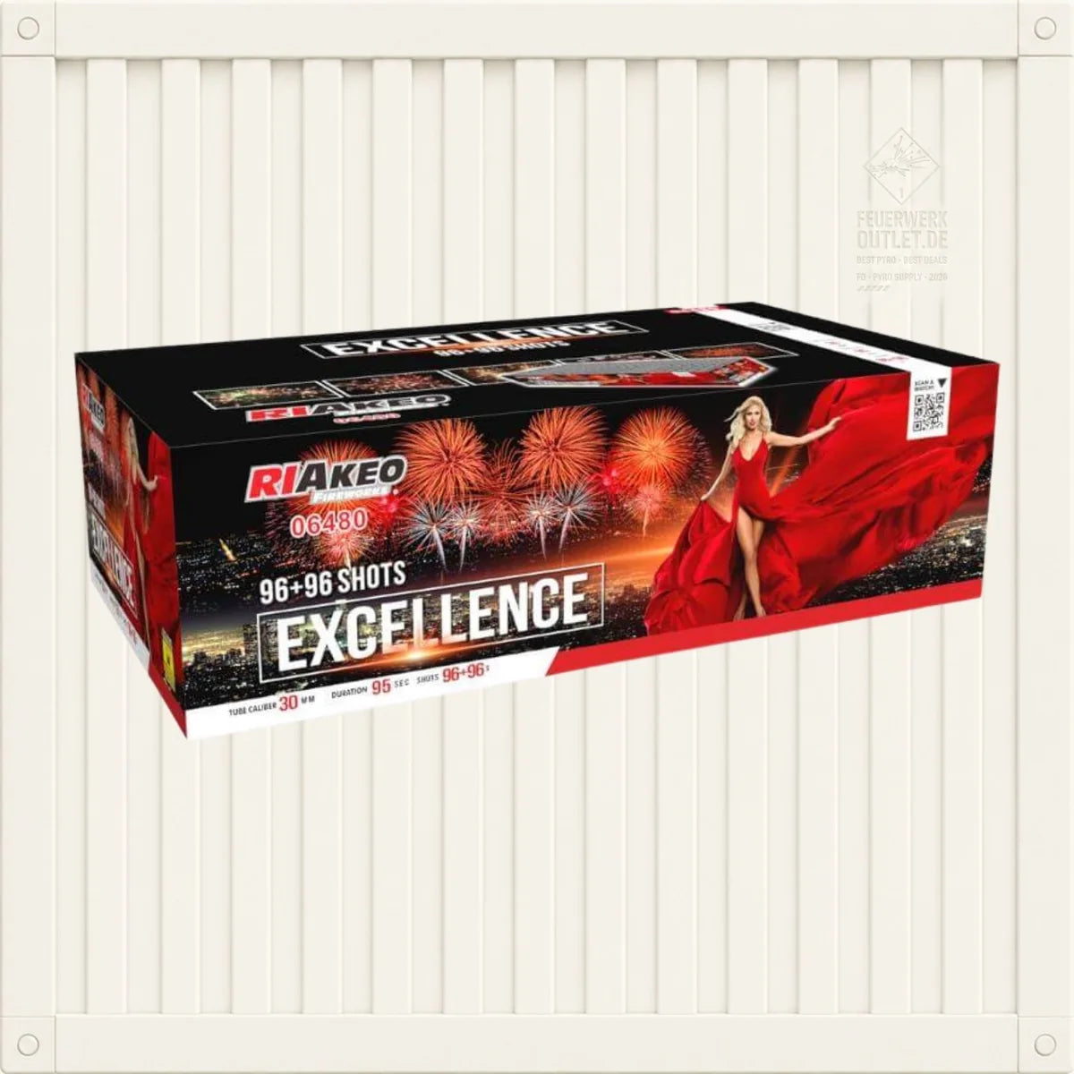 Eine Schachtel „Riakeo Excellence“-Feuerwerkskörper von RIAkeo mit 192 Schüssen in einem Doppel-Verbundfeuerwerk (96+96). Die Verpackung zeigt ein schillerndes Feuerwerk, das den Nachthimmel über einer pulsierenden Stadtlandschaft erhellt, mit einer Frau in einem roten Kleid. Dieses NEUHEIT-Produkt 2024 besticht durch sein auffälliges Design und sein beeindruckendes pyrotechnisches Spektakel.