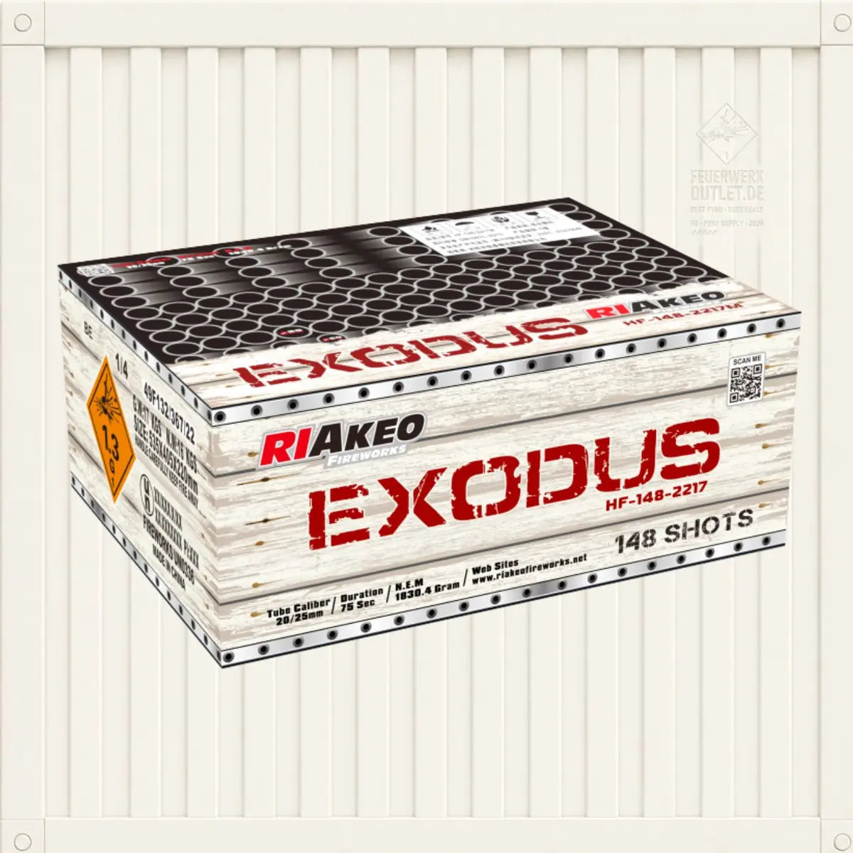 Eine Schachtel „RIAkeo Riakeo Exodus Verbundfeuerwerk“ mit weißem Holzdesign, roter Beschriftung und Warnhinweisen, die 148 Schuss enthält, ist vor einem hell gestreiften Hintergrund abgebildet.