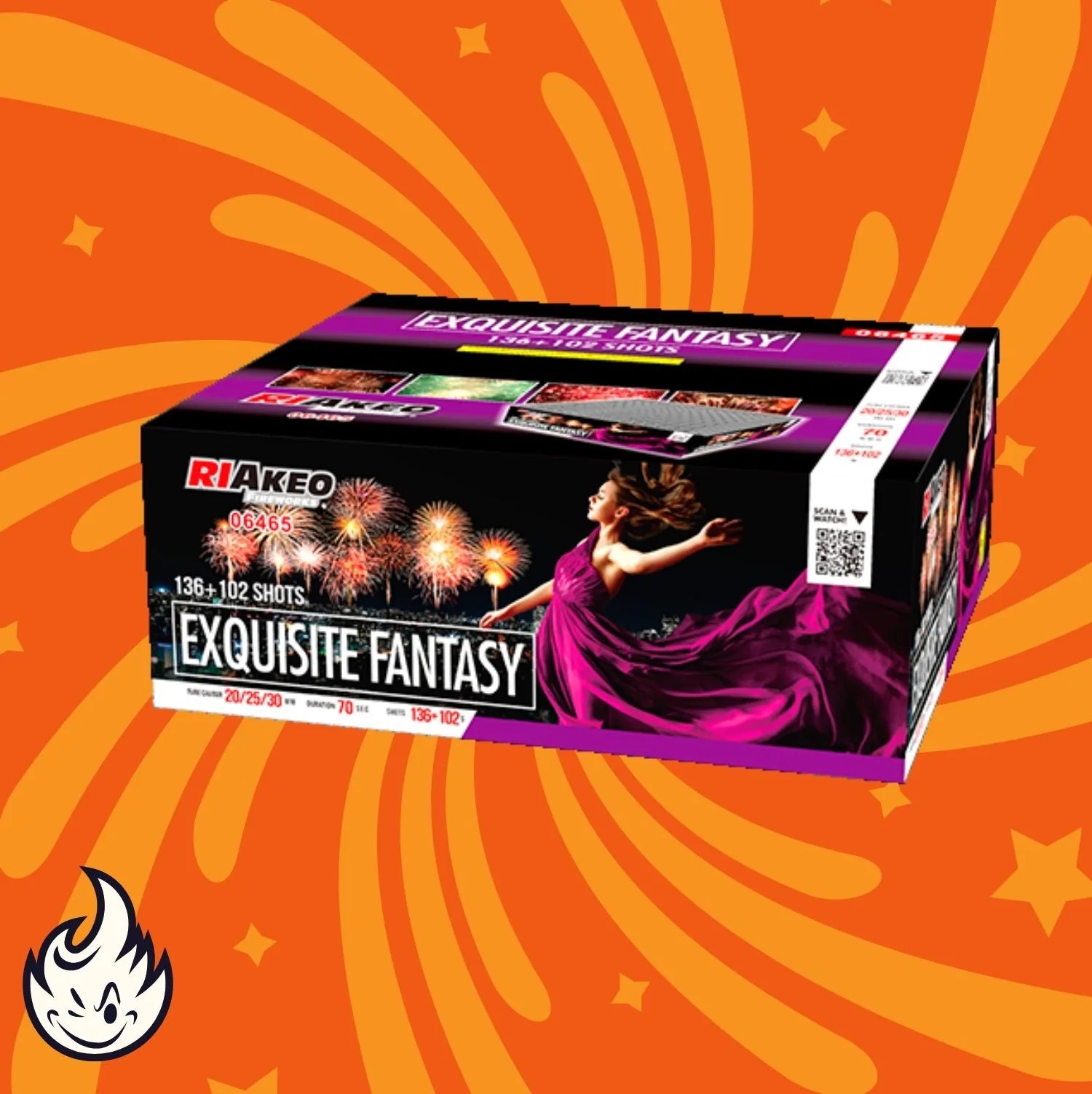 Eine Schachtel mit RIAkeo Riakeo Exquisite Fantasy Feuerwerkskörpern zeigt eine Frau in einem fließenden violetten Kleid und ein lebhaftes Feuerwerk auf der Verpackung vor einem orangefarbenen Hintergrund mit wirbelnden Mustern.