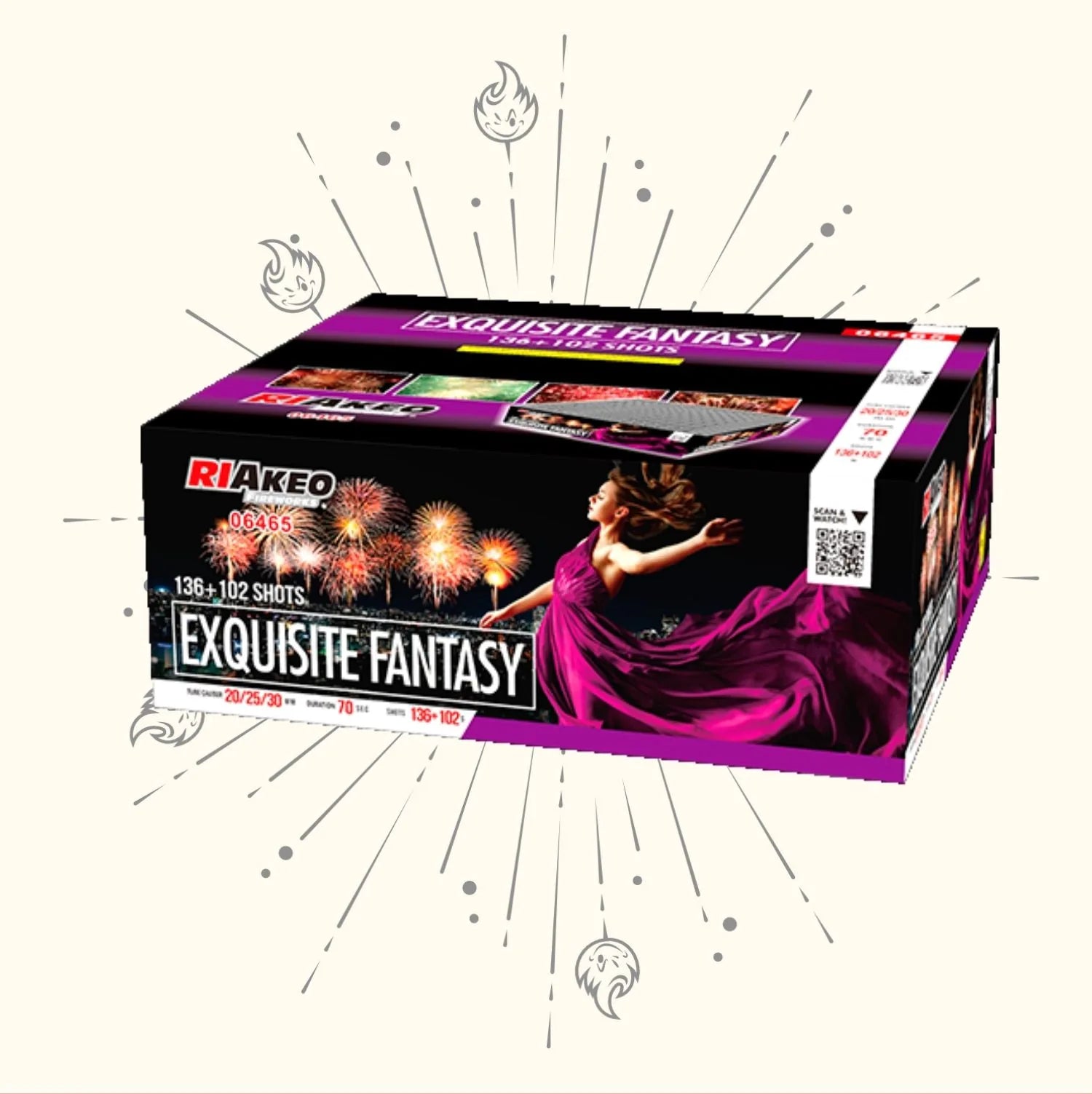Eine Schachtel mit Riakeo Exquisite Fantasy Feuerwerkskörpern von RIAkeo zeigt eine Frau in einem fließenden violetten Kleid und ein farbenfrohes Feuerwerk mit Starburst- und Flammenmotiven auf einem hellen Hintergrund.