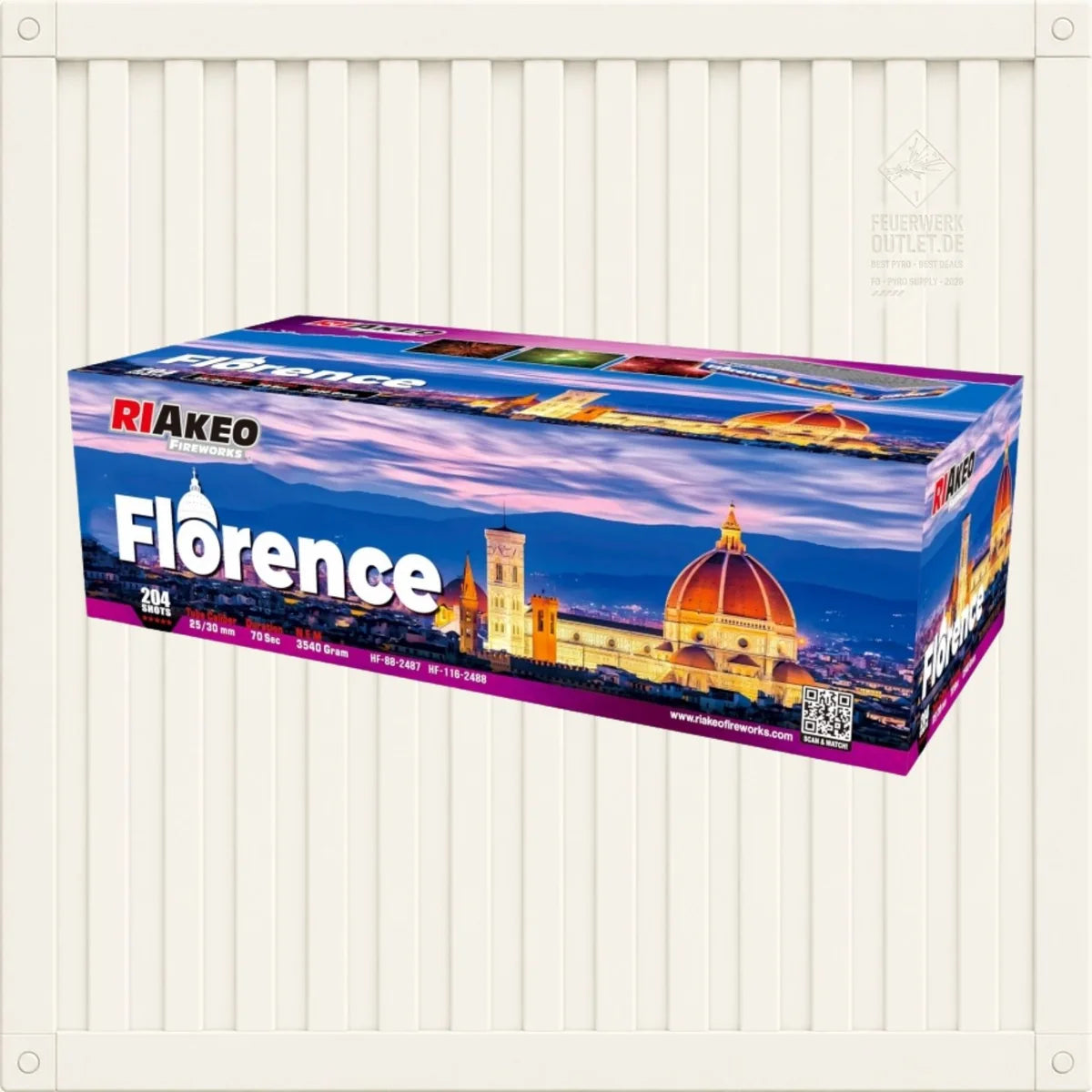 Eine rechteckige Feuerwerksschachtel mit der Aufschrift „Riakeo Florence Flowerbed“ zeigt ein Bild der Skyline von Florenz mit dem Dom von Florenz im Hintergrund. Die Schachtel ist farbenfroh gestaltet und trägt das Markenlogo von RIAkeo.