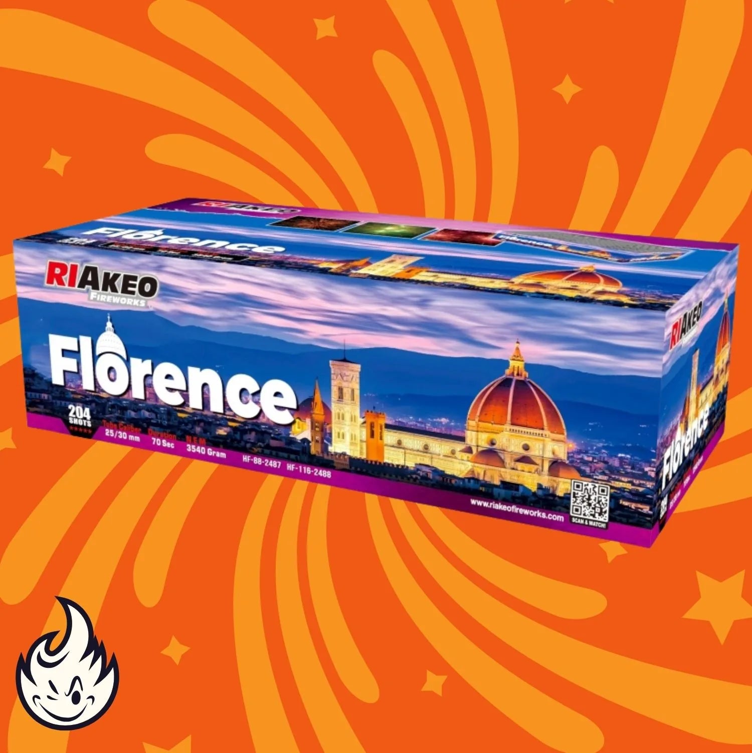 Die RIAkeo-Feuerwerksdose "Florenz Blumenbeet Ti-Salut" ist rechteckig und zeigt das Stadtbild von Florenz mit der Kathedrale vor einem orangefarbenen Hintergrund mit gelben Wirbeln und einem Flammensymbol unten links.