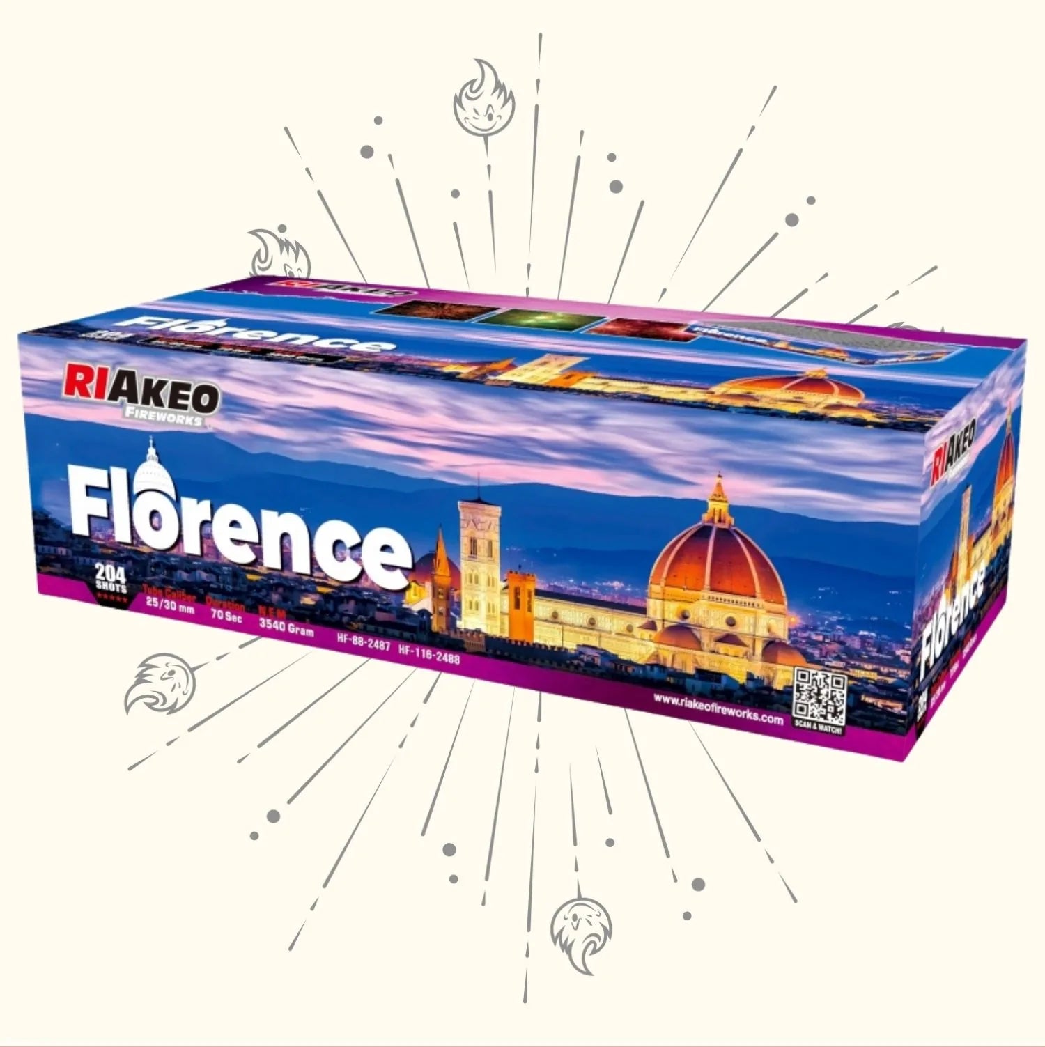 Der Riakeo Florence Flowerbed Ti-Salut von RIAkeo ist ein rechteckiger Feuerwerkskasten, der die Skyline von Florenz mit der Kathedrale Santa Maria del Fiore zeigt, unterlegt mit illustrierten Feuerwerkskörpern und dekorativen Linien.