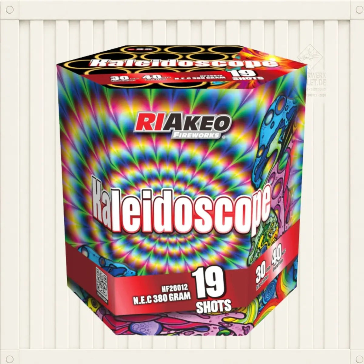 Sechseckige Schachtel mit „Riakeo Kaleidoscope“-Feuerwerkskörpern von RIAkeo, verziert mit einem wirbelnden Regenbogenmuster, dem auffälligen Schriftzug „Kaleidoscope“ sowie Angaben zu 19 Schüssen, 380 Gramm und einer Reichweite von 30–40 Metern.