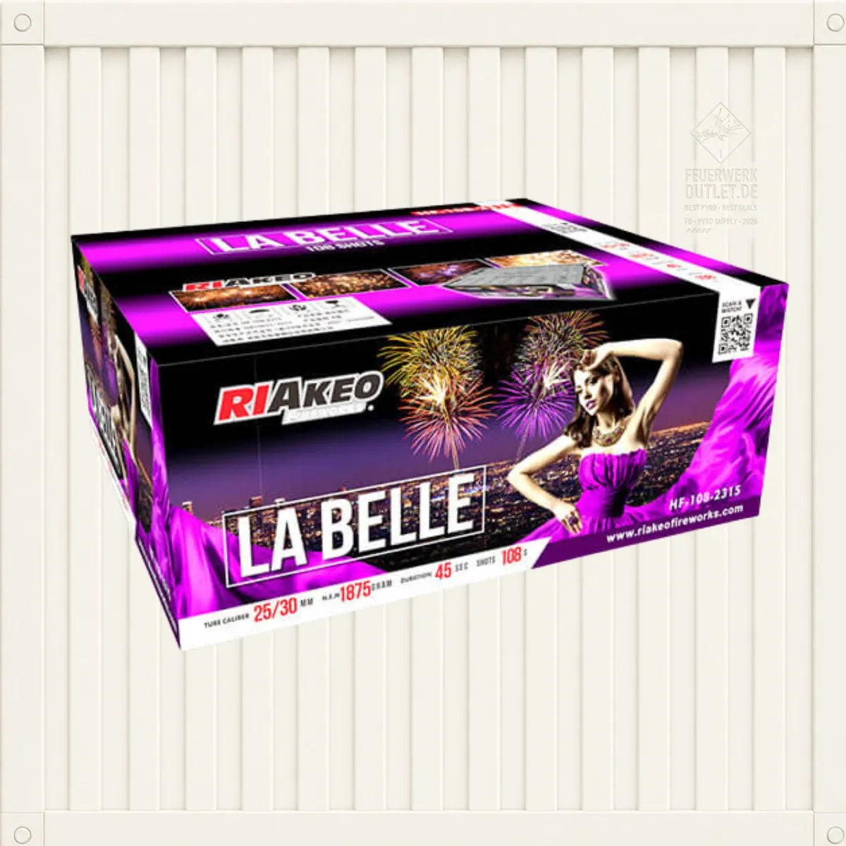 Eine Schachtel mit „Riakeo La Belle“-Feuerwerkskörpern von RIAkeo zeigt eine Frau in einem violetten Kleid, Feuerwerkskörper, die den Hintergrund erhellen, sowie Produktdetails in weißer und roter Schrift auf einer violett gestalteten Verpackung. Dieses hochwertige Verbundfeuerwerk, bekannt als „La Belle Feuerwerk“, bietet ein beeindruckendes visuelles Spektakel, das sich ideal für besondere Feierlichkeiten eignet.