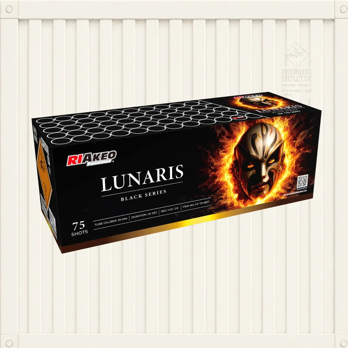 Eine Schachtel mit RIAkeo Lunaris-Feuerwerkskörpern aus der Black Series, die 75 Schuss enthält und auf der Seite ein feuriges Gesichtsmotiv vor einem hell gestreiften Hintergrund zeigt.