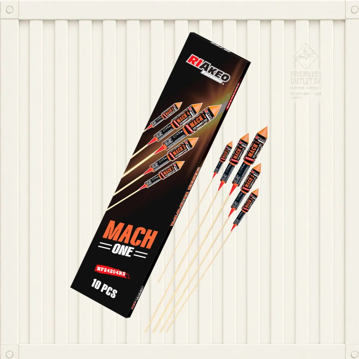 Eine Schachtel mit zehn „Riakeo Mach One“-Raketen mit roten und schwarzen Etiketten.