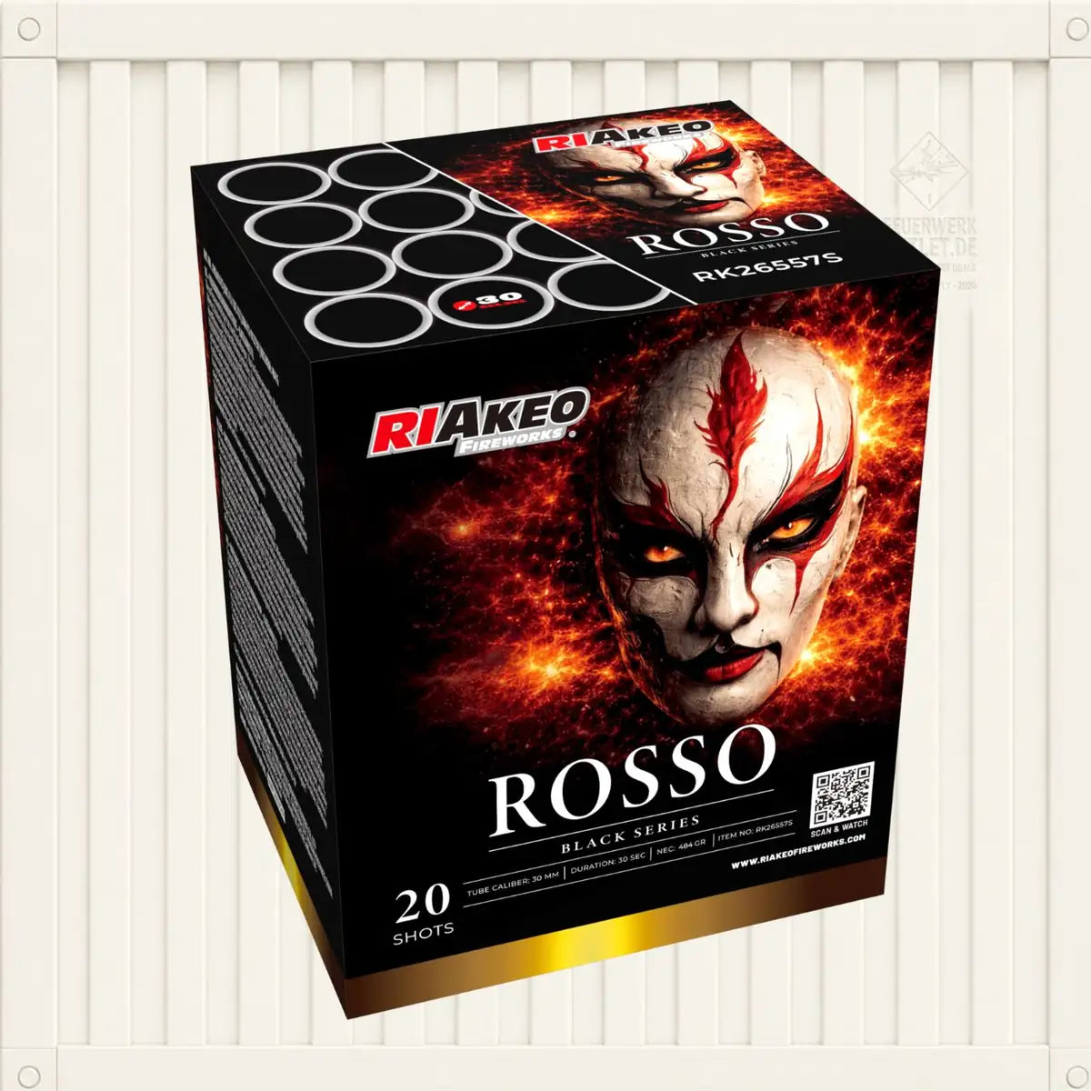 Eine Schachtel mit „Riakeo Rosso“-Feuerwerkskörpern der Marke RIAkeo zeigt ein dramatisches Gesicht mit rot-weißem Make-up, ausdrucksstarken Augen und einem feurigen Hintergrund. Auf der Verpackung ist „20 Schüsse“ angegeben und es wird hervorgehoben, dass das Produkt zur „Black Series“ gehört.