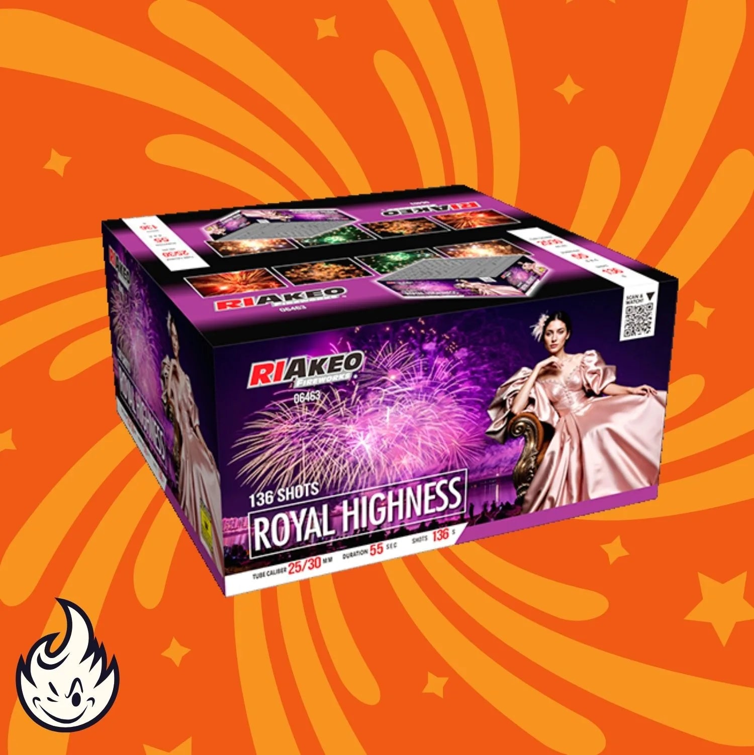 Die RIAkeo Royal Highness-Feuerwerksbox mit 136 Schüssen wird vor einem orangefarbenen Starburst-Hintergrund mit einer Frau in einer Robe und einem farbenfrohen Feuerwerk präsentiert.