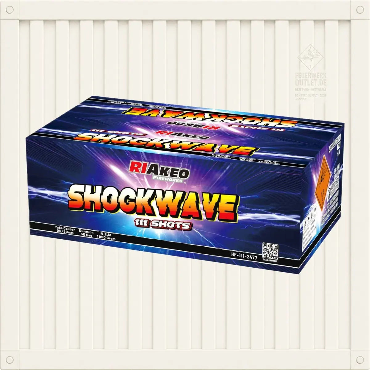 Eine rechteckige Feuerwerksverpackung mit der Aufschrift „Riakeo Shockwave“ ist mit Blitzmotiven verziert, wobei der Markenname „RIAkeo“ über dem Produktnamen steht. Die Verpackung ist vor einem weißen, geriffelten Hintergrund abgebildet.