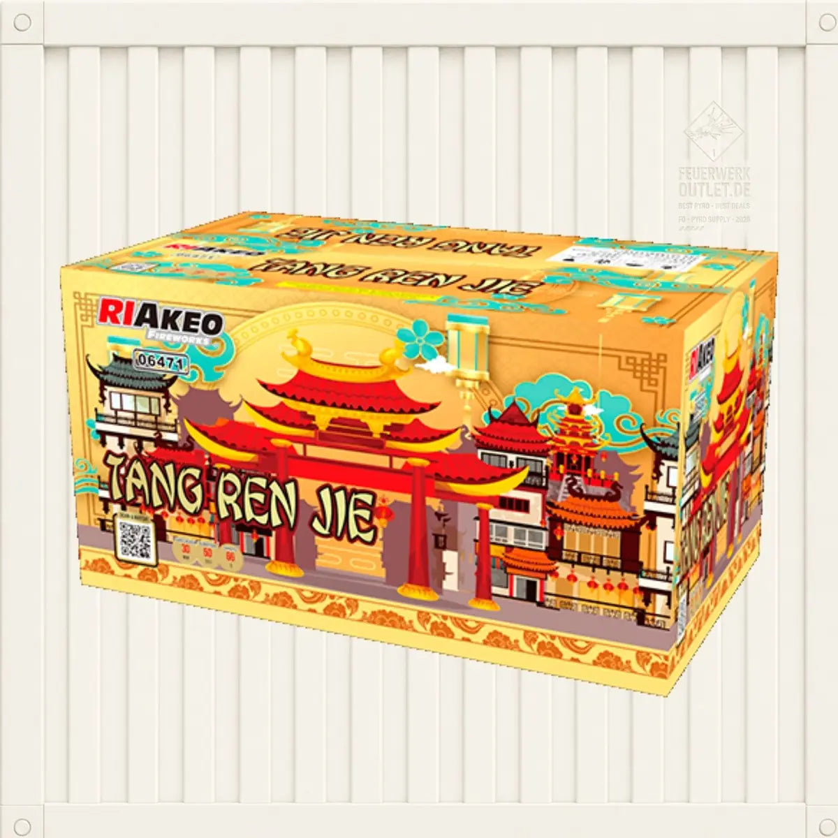 Eine farbenfrohe Feuerwerksschachtel mit der Aufschrift „Riakeo Tang Ren Jie“ von RIAkeo zeigt auf der Verpackung Illustrationen traditioneller asiatischer Architektur mit roten, goldenen und blauen Akzenten.