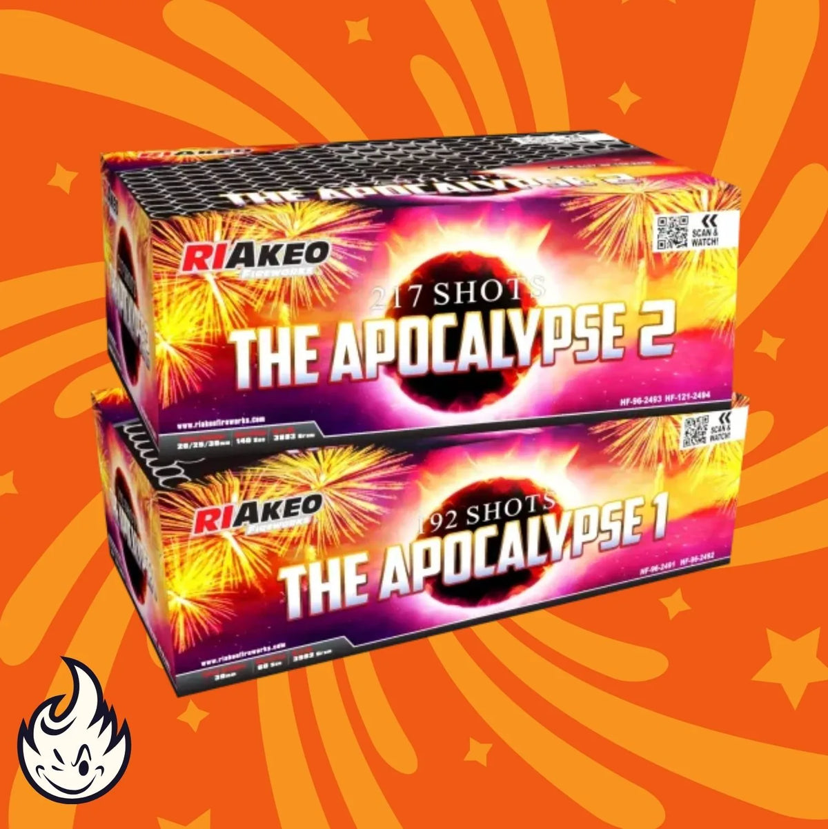 Die Riakeo The Apocalypse 1 + 2 Showbox von RIAkeo bietet zwei leuchtende Boxen mit insgesamt 399 Aufnahmen, die vor einem orangefarbenen, sternförmigen Hintergrund mit lebhaftem Feuerwerk präsentiert werden.