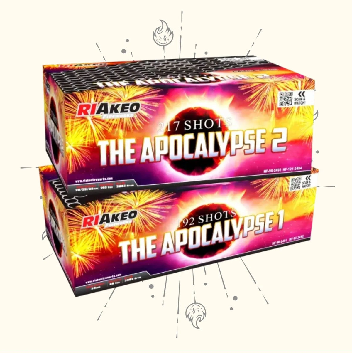 Die Riakeo The Apocalypse 1 + 2 Showbox von RIAkeo kombiniert 92 und 217 Schuss zu einem beeindruckenden vierteiligen Verbundfeuerwerk mit insgesamt 399 bunten Bursts.