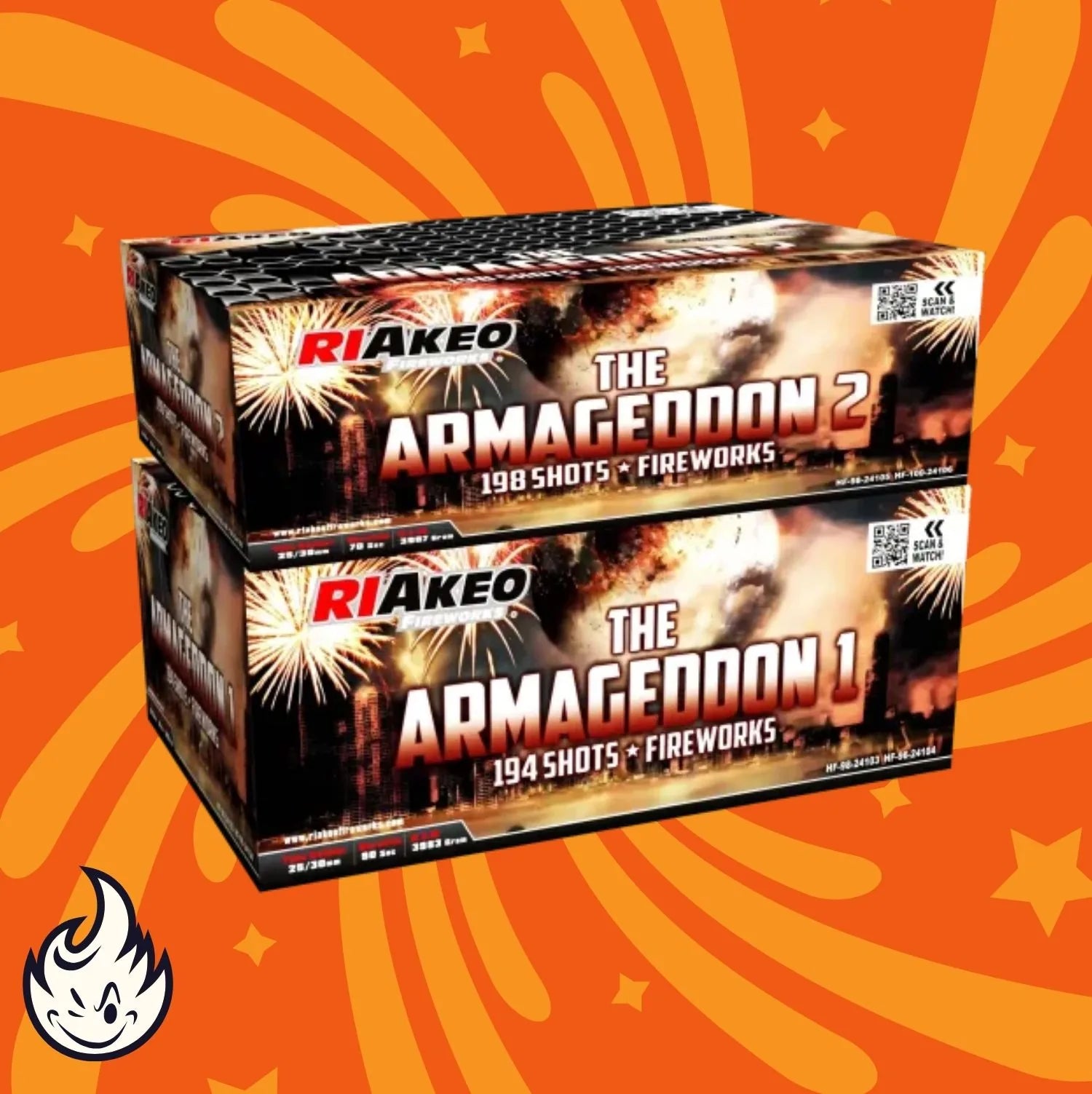 Die Riakeo The Armageddon 1 + 2 Showbox von RIAkeo wird gestapelt vor einem orangefarbenen Hintergrund mit Wirbeln und Sternen angezeigt, mit einem Flammen-Cartoon-Logo in der Ecke.