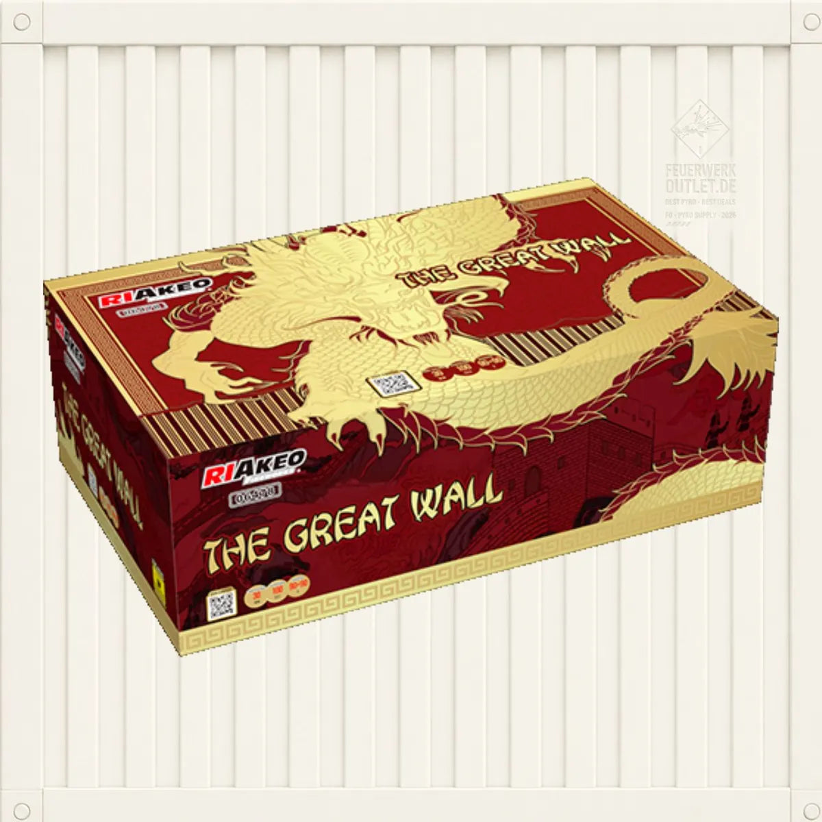 Eine rechteckige Schachtel mit der Aufschrift „Riakeo The Great Wall“ zeigt einen goldenen Drachen und eine Abbildung der Chinesischen Mauer auf rotem Hintergrund, wobei das „RIAkeo“-Logo in der oberen linken Ecke zu sehen ist. Dieses beeindruckende Doppel-Verbundfeuerwerk aus der Kollektion „Feuerwerk 2024“ ist vor weißen vertikalen Paneelen zu sehen.