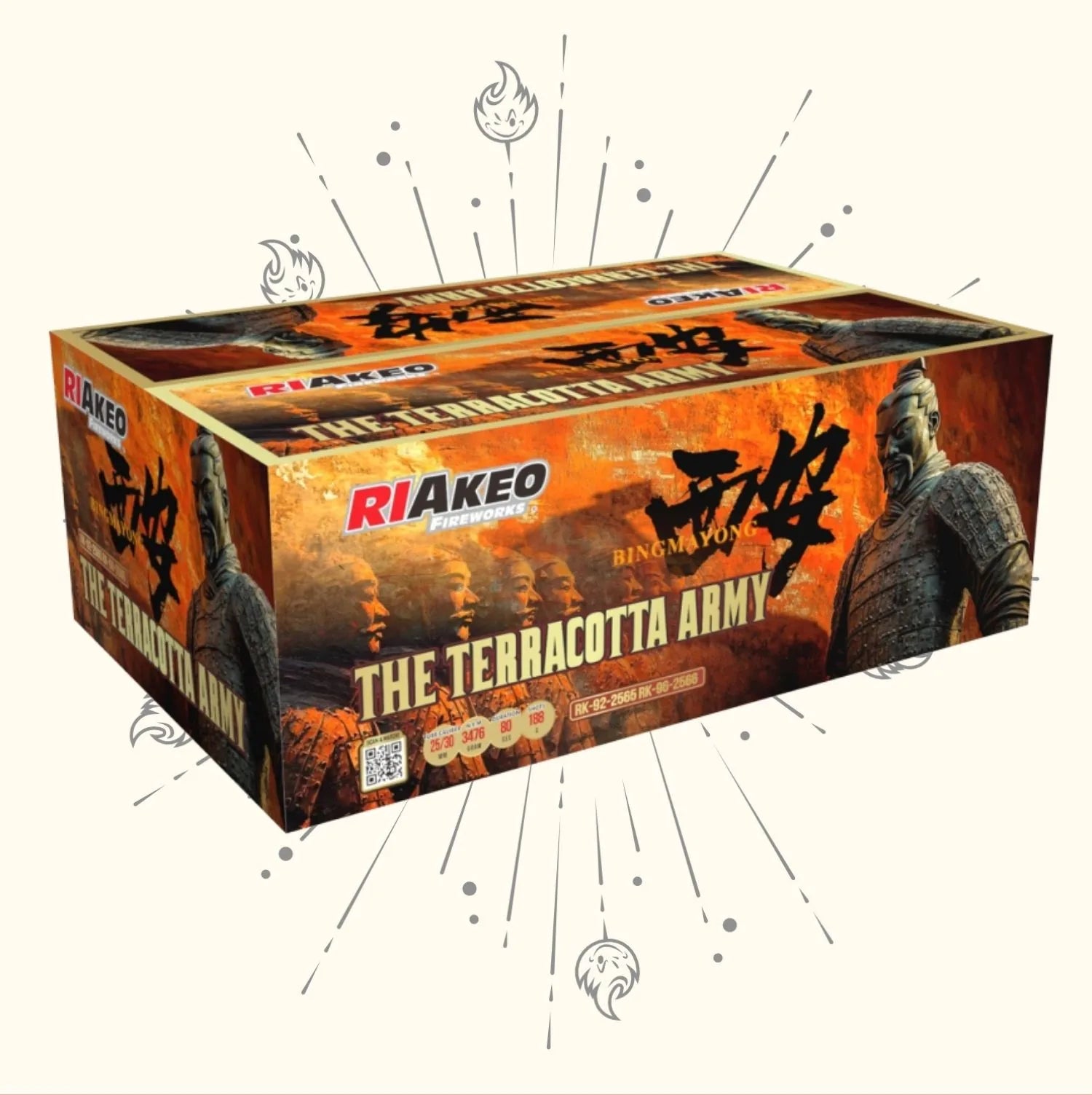 Die RIAkeo The Terracotta Army ist eine rechteckige Feuerwerksdose mit Bildern von Terrakotta-Kriegern, fettgedrucktem orangefarbenem und schwarzem Text und Feuerwerksillustrationen vor einem dramatischen Hintergrund.