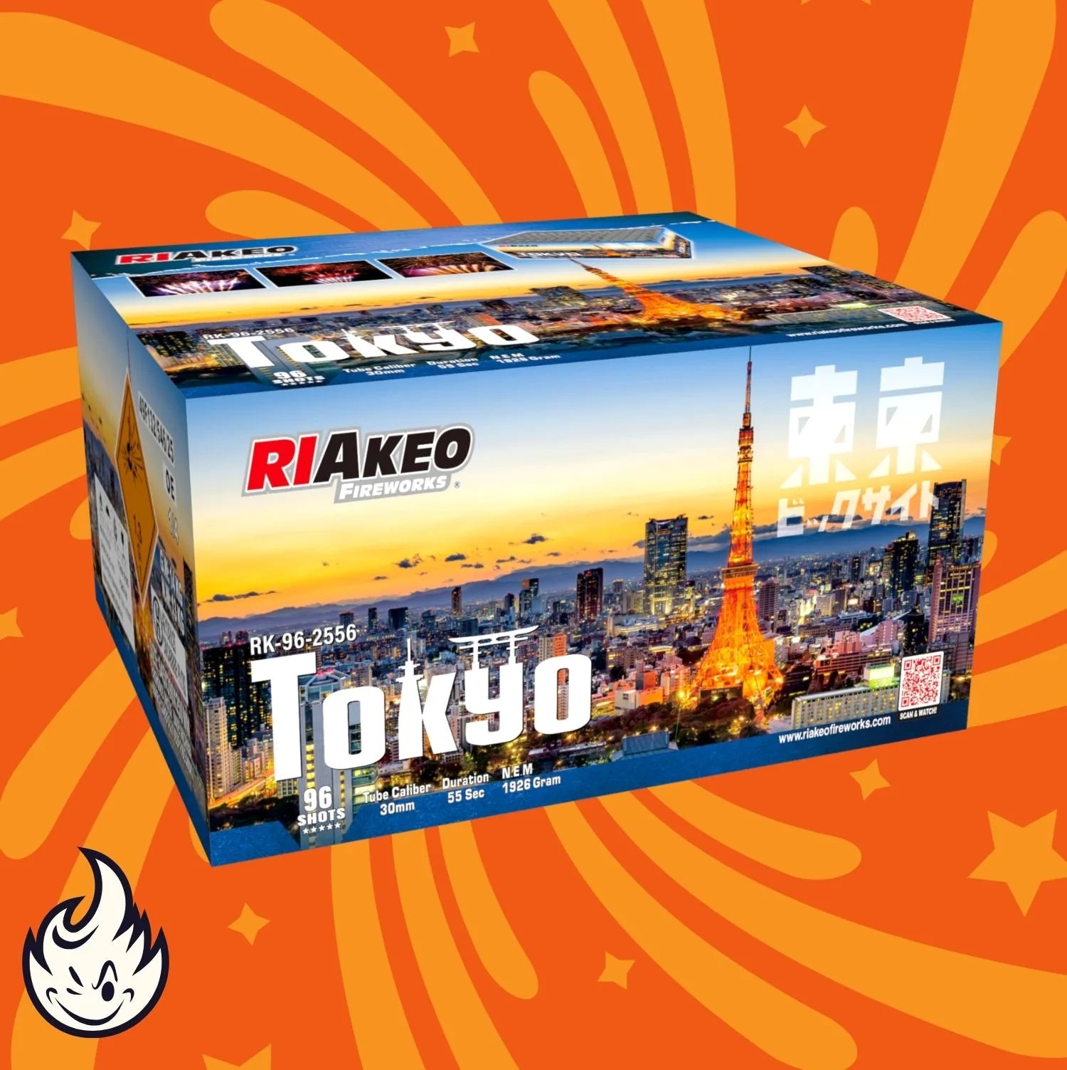 Eine Schachtel mit RIAkeo Tokyo Ti-Salut Feuerwerkskörpern der Marke RIAkeo zeigt den Tokyo Tower bei Sonnenuntergang mit Gebäuden der Stadt. Der orangefarbene Hintergrund zeigt Wirbelmuster und ein Flammenlogo in der Ecke.