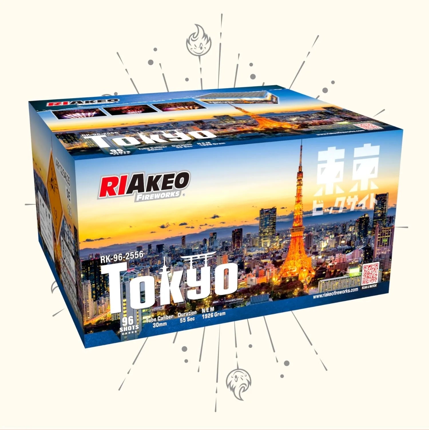 Eine Schachtel mit dem Feuerwerk RIAkeo Tokyo Ti-Salut, das eine Stadtlandschaft von Tokio mit dem Tokyo Tower bei Sonnenuntergang zeigt, enthält 96 Schüsse, 58 Sekunden Dauer und 1982g. Auf der Verpackung sind Produktdetails und das RIAkeo-Branding hervorgehoben.