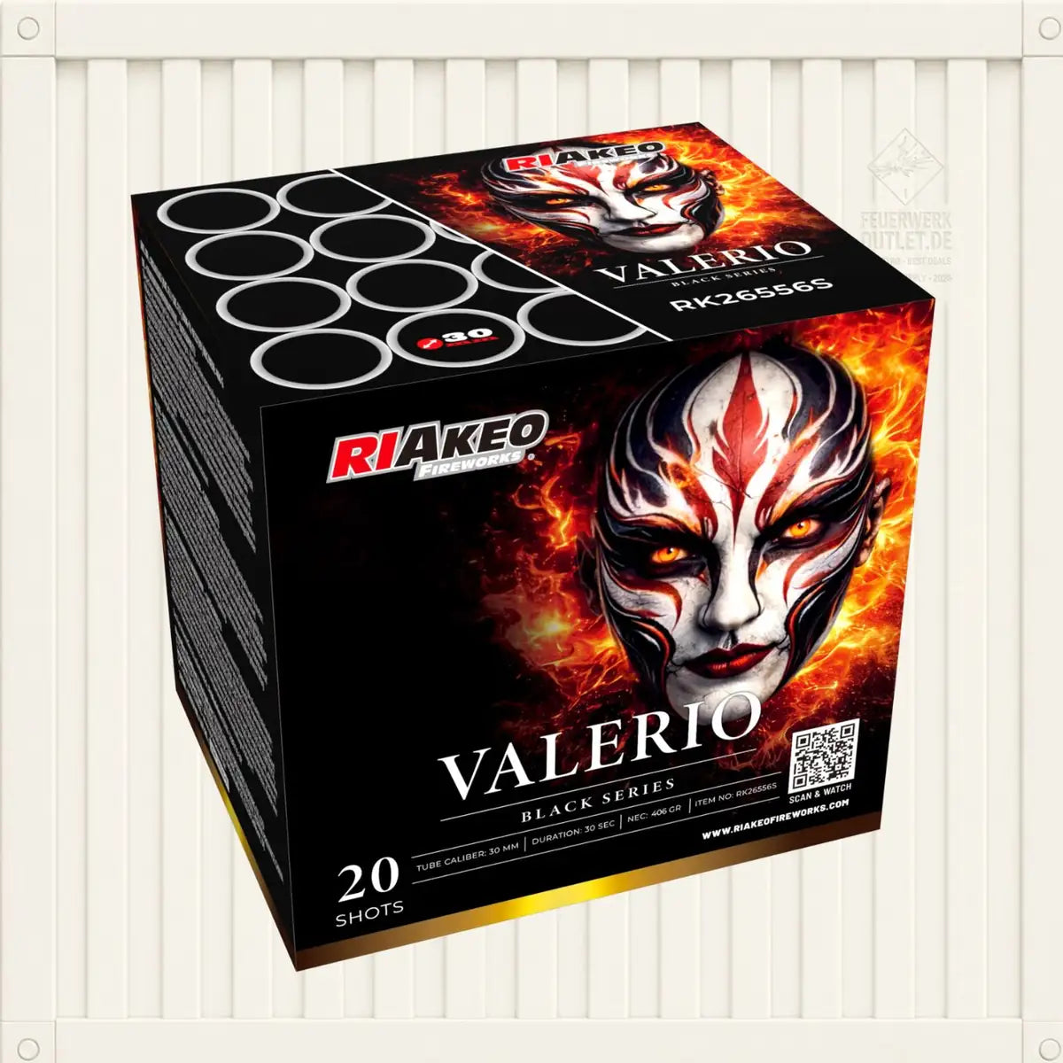 Eine Schachtel mit „RIAkeo Riakeo Valerio“-Feuerwerkskörpern, deren Vorderseite ein markantes, maskenähnliches Gesichtsmotiv, die Aufschrift „20 Schüsse“ sowie auffällige rote, schwarze und weiße Farben ziert.