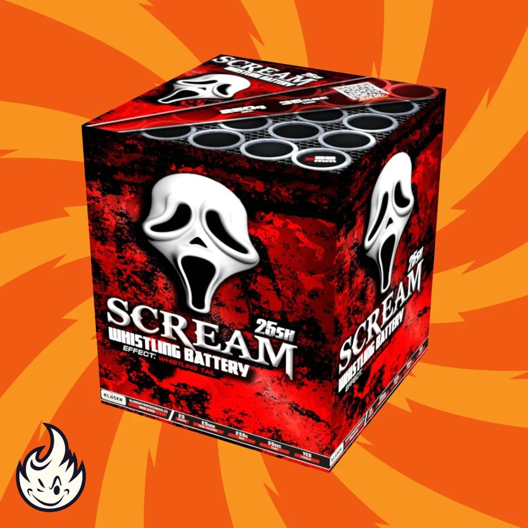 Die rot-schwarze Feuerwerksdose "Scream Battery 25 Whistling" von Scream zeigt auf der Vorderseite eine weiße Geistermaske vor einem orangefarbenen Hintergrund mit wirbelnden gelben Mustern und einem kleinen Flammenlogo in der Ecke.