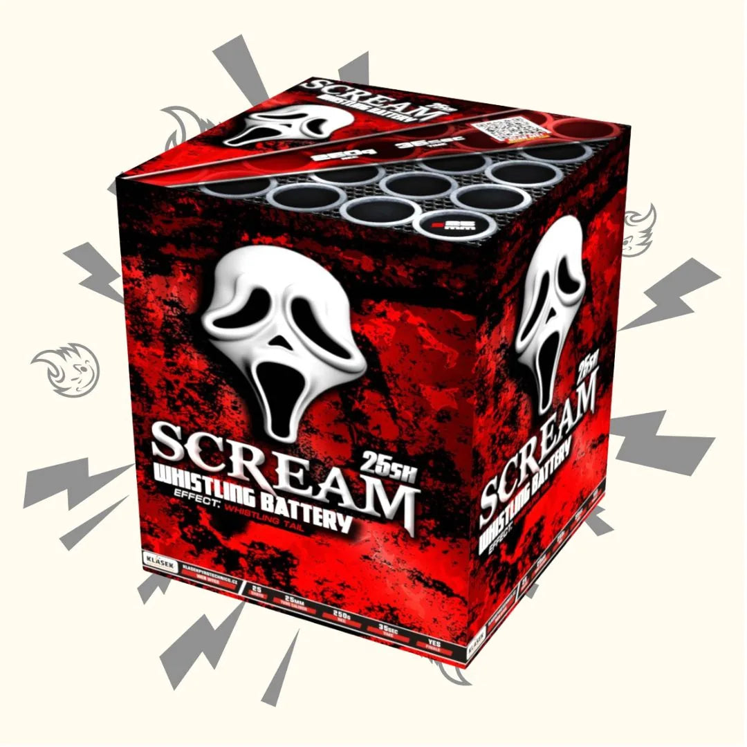 Die Scream Battery 25 Whistling von Scream ist eine rot-schwarze Feuerwerksbox mit einer weißen, schreienden Gesichtsmaske, mehreren Abschussrohren auf der Oberseite und verziert mit Blitzen und Geistersymbolen.