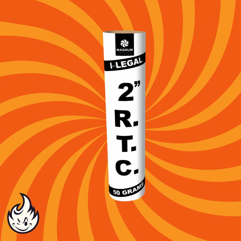 Ein zylindrischer Feuerwerkskörper mit der Aufschrift "Magnum 2" R.T.C Rotterdam Terror Corps 3-Schlag Bombenrohr" steht aufrecht vor einem orangefarbenen Wirbelhintergrund, mit dem Flammenlogo der Marke Magnum in der linken unteren Ecke.