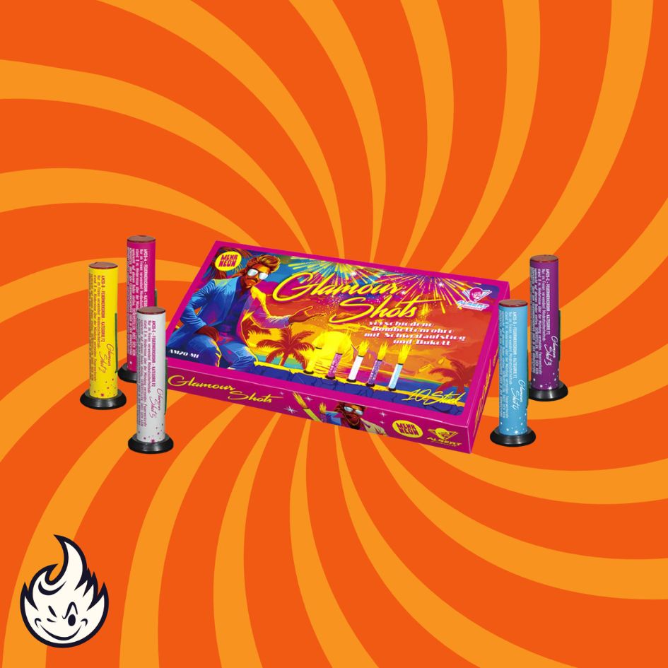 Eine farbenfrohe Schachtel mit der Aufschrift "Albert Glamour Shots" von Albert ist von fünf Bombenrohren auf einem orangefarbenen Wirbel-Hintergrund umgeben. Neonfarbene Akzente tauchen auf, und ein kleines weißes Flammensymbol erscheint in der unteren linken Ecke.
