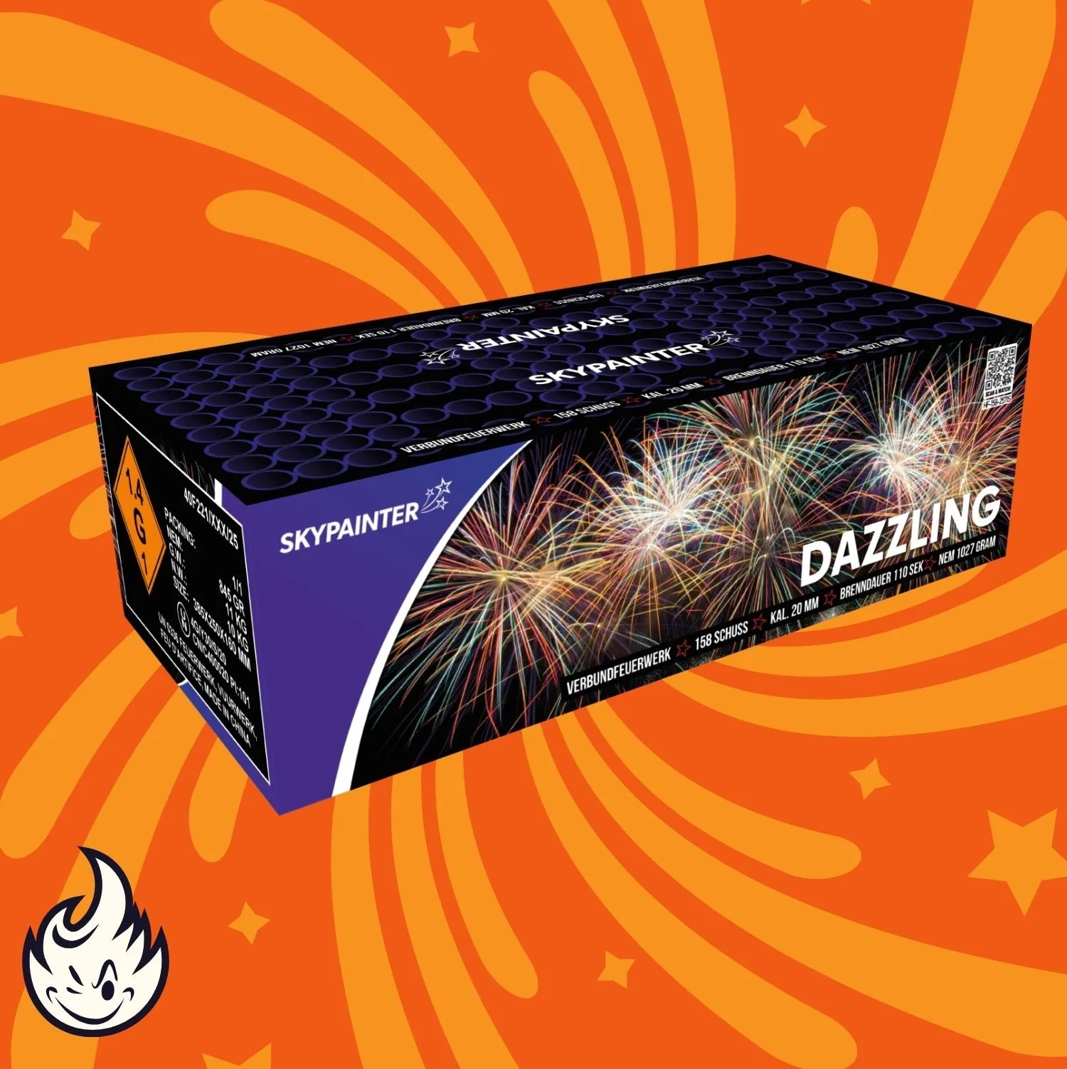 Eine rechteckige Schachtel mit Sky Painter Dazzling Feuerwerkskörpern von Sky Painter erscheint auf einem orangefarbenen, wirbelnden Hintergrund mit bunten Feuerwerksbildern, einem Warnhinweis und einem kleinen Flammen-Cartoon-Logo in der Ecke.