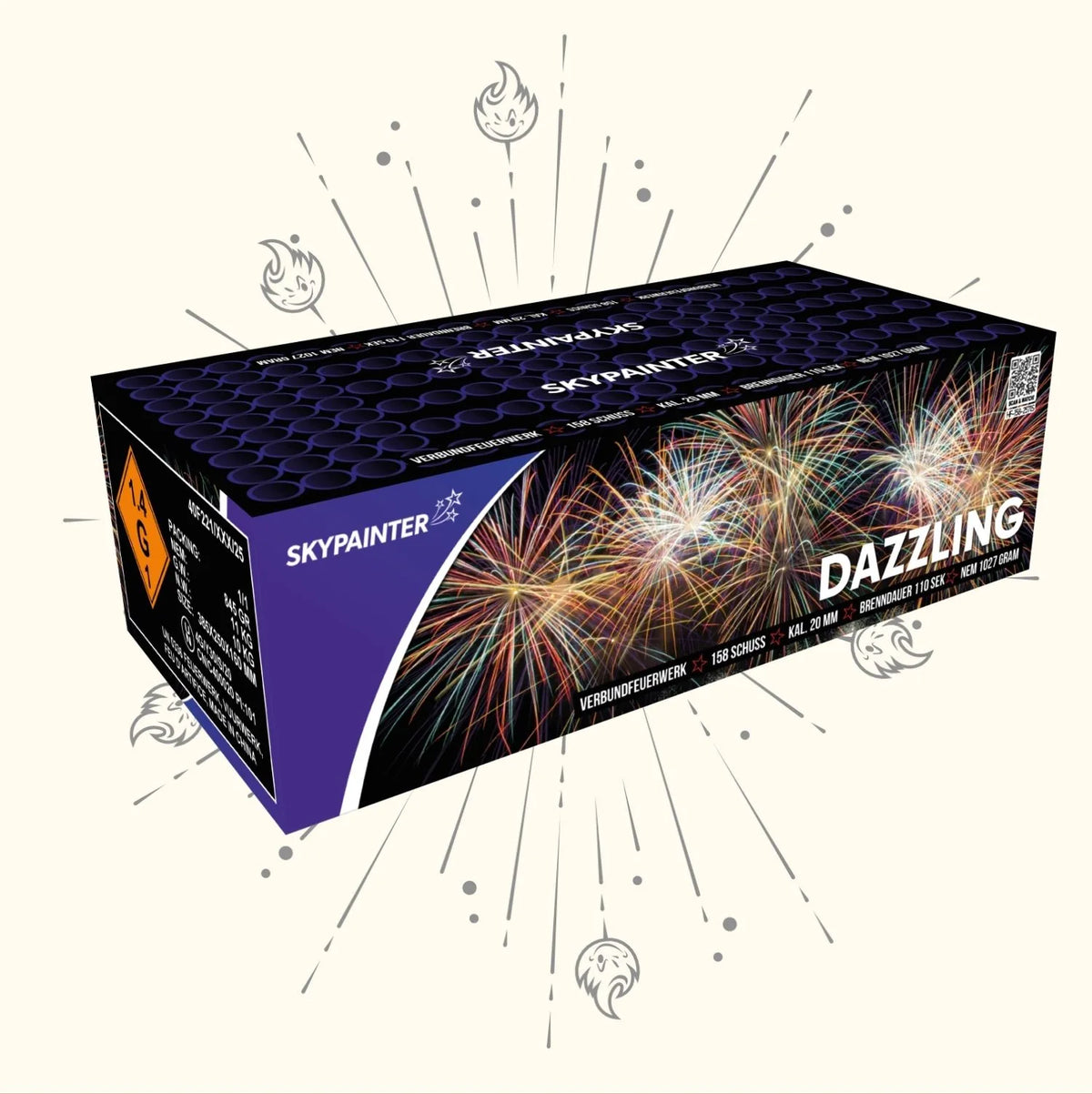 Eine rechteckige Sky Painter Dazzling Feuerwerksdose von Sky Painter mit bunten Feuerwerksgrafiken auf der Vorderseite und einem Warnhinweis auf der Seite, vor einem hellen Hintergrund mit illustrierten Funken.
