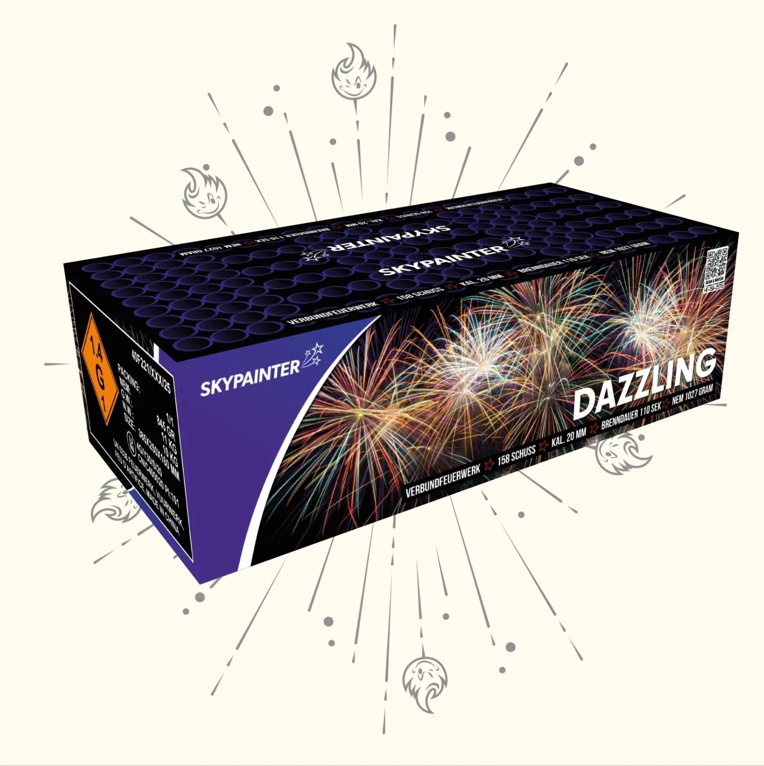 Eine rechteckige Sky Painter Dazzling Feuerwerksdose von Sky Painter mit bunten Feuerwerksgrafiken auf der Vorderseite und einem Warnhinweis auf der Seite, vor einem hellen Hintergrund mit illustrierten Funken.