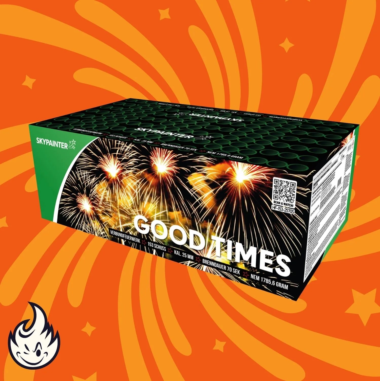 Die Sky Painter Good Times Feuerwerksbox von Sky Painter ist rechteckig und grün mit Produktangaben. Sie zeigt explodierende Feuerwerksbilder auf einem orangefarbenen, wirbelgemusterten Hintergrund mit einem kleinen Flammensymbol.