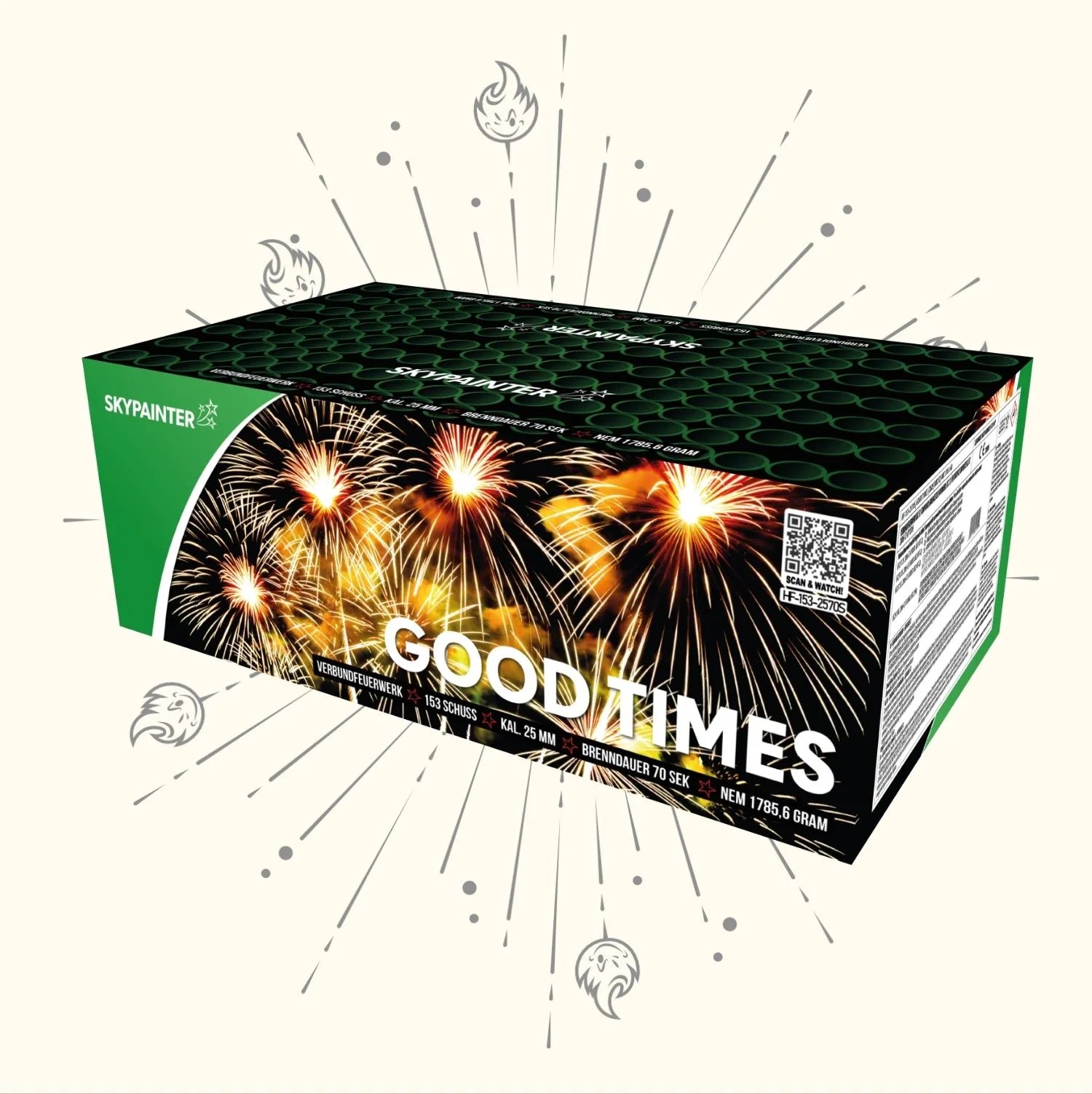 Eine rechteckige Schachtel mit der Aufschrift "Sky Painter Good Times" zeigt goldene Feuerwerksbilder auf einem überwiegend schwarzen Design mit grünen Akzenten und dem Sky Painter-Logo in der Ecke.